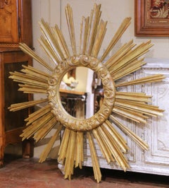 Large Vintage Italian Giltwood Sunburst Mirror with Carved Scroll Frame