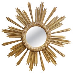 Large Vintage Italian Giltwood Sunburst Mirror with Carved Scroll Frame