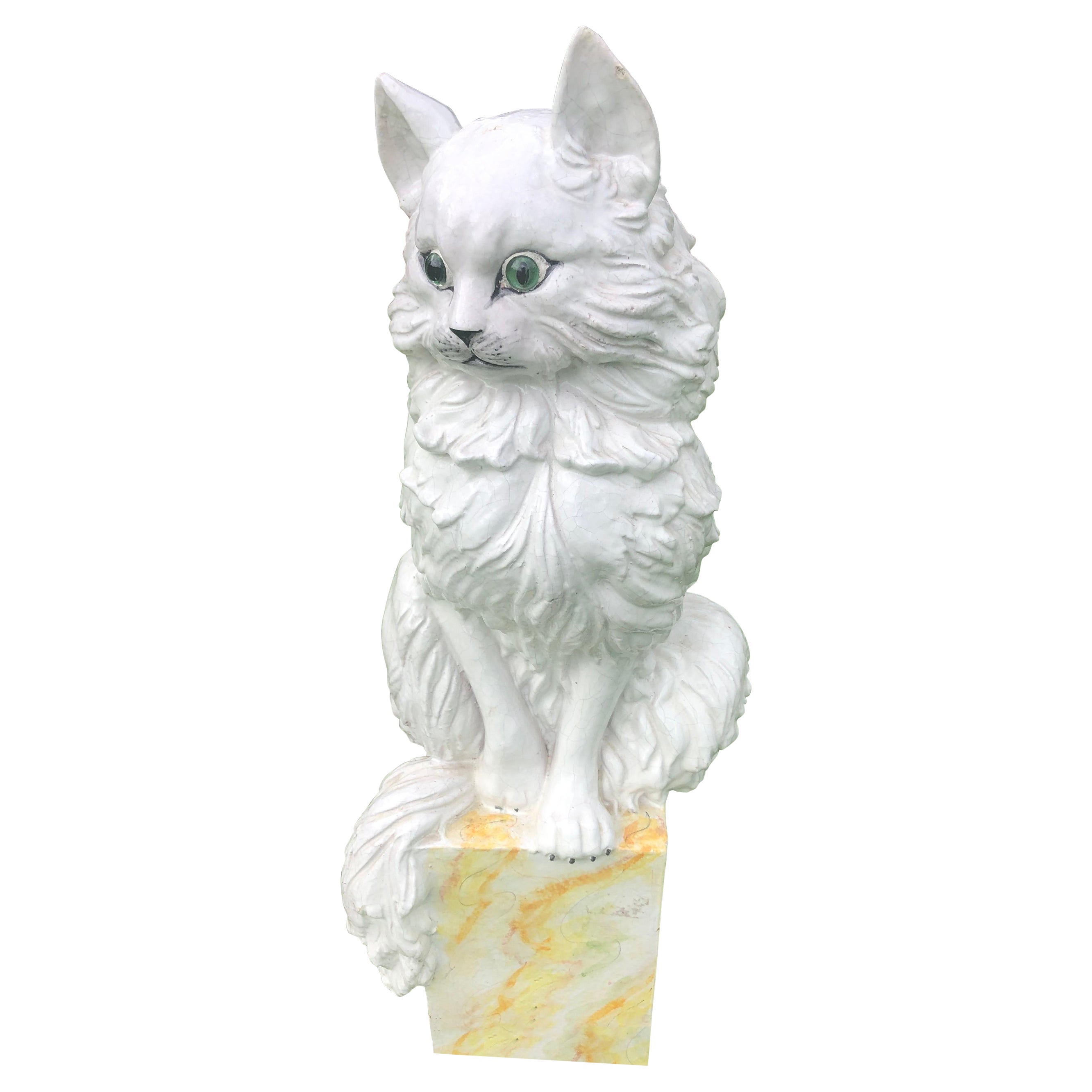 Grande gatto vintage in terracotta smaltata con occhi in vetro