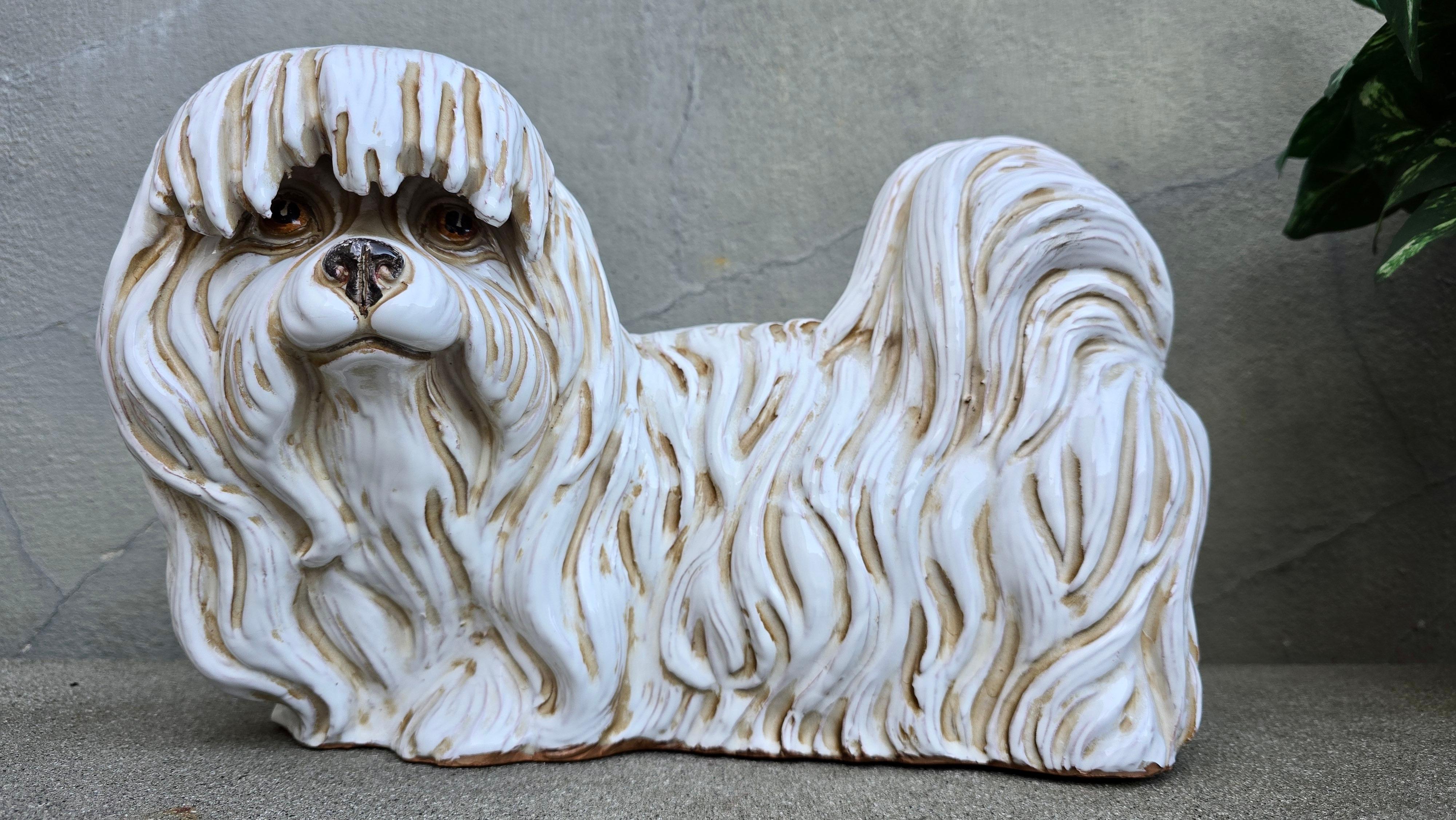 Mid-Century Modern Large Vintage Italian Glazed Terracotta Maltese Dog Statue Floor Sculpture