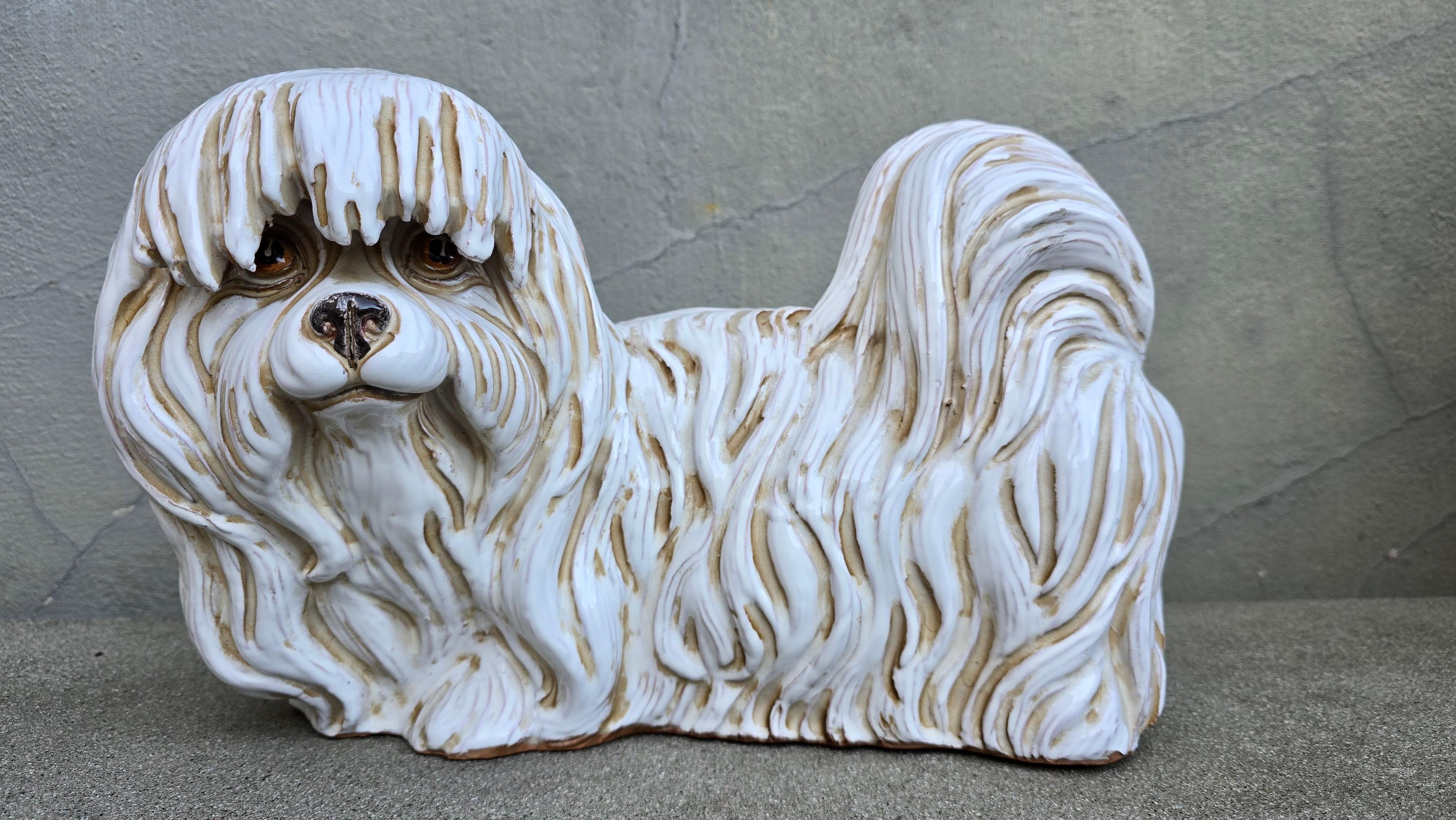 Large Vintage Italian Glazed Terracotta Maltese Dog Statue Floor Sculpture In Good Condition In Antwerp, BE
