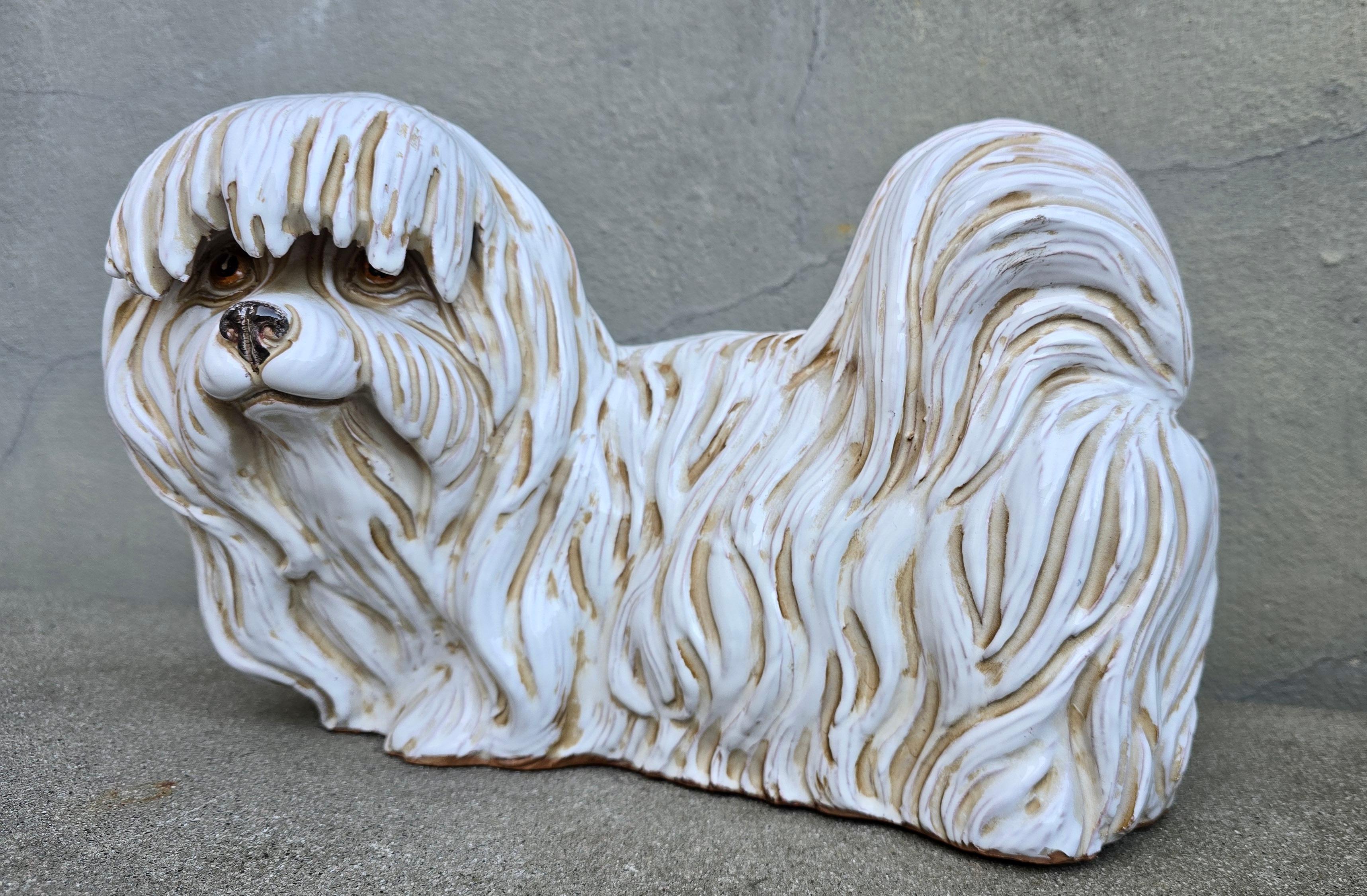 20th Century Large Vintage Italian Glazed Terracotta Maltese Dog Statue Floor Sculpture