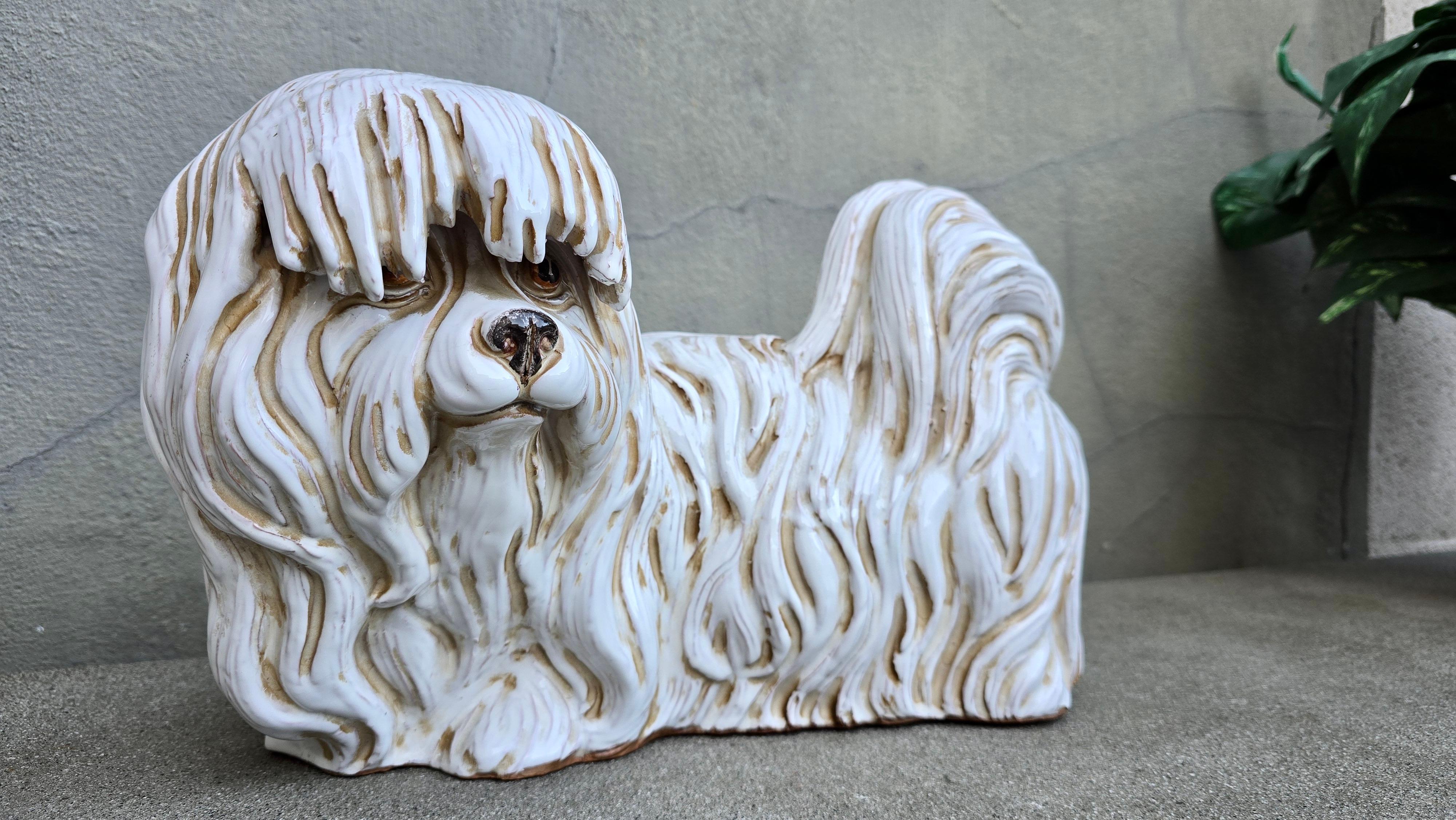 Large Vintage Italian Glazed Terracotta Maltese Dog Statue Floor Sculpture 1