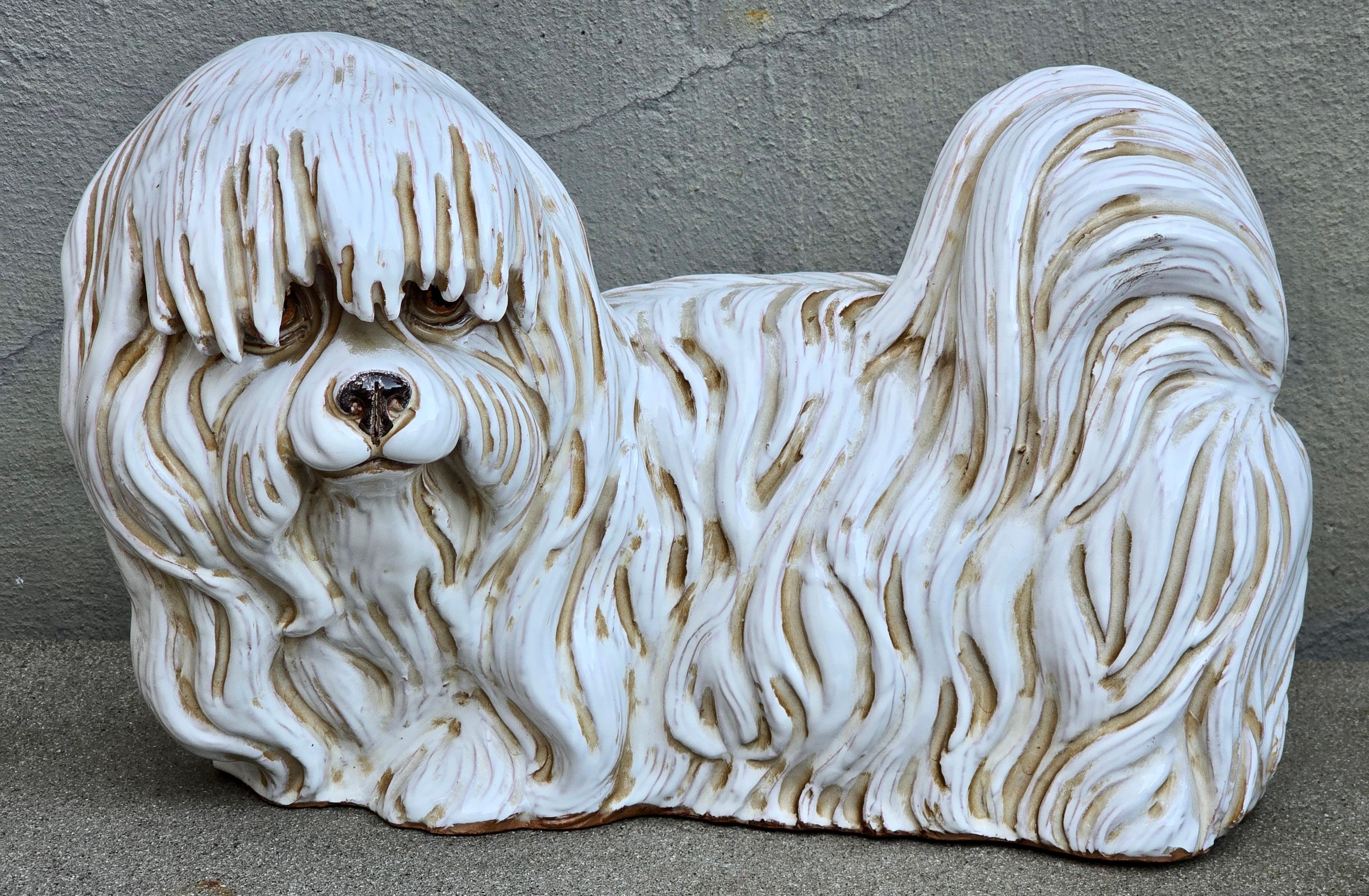 Large Vintage Italian Glazed Terracotta Maltese Dog Statue Floor Sculpture 2