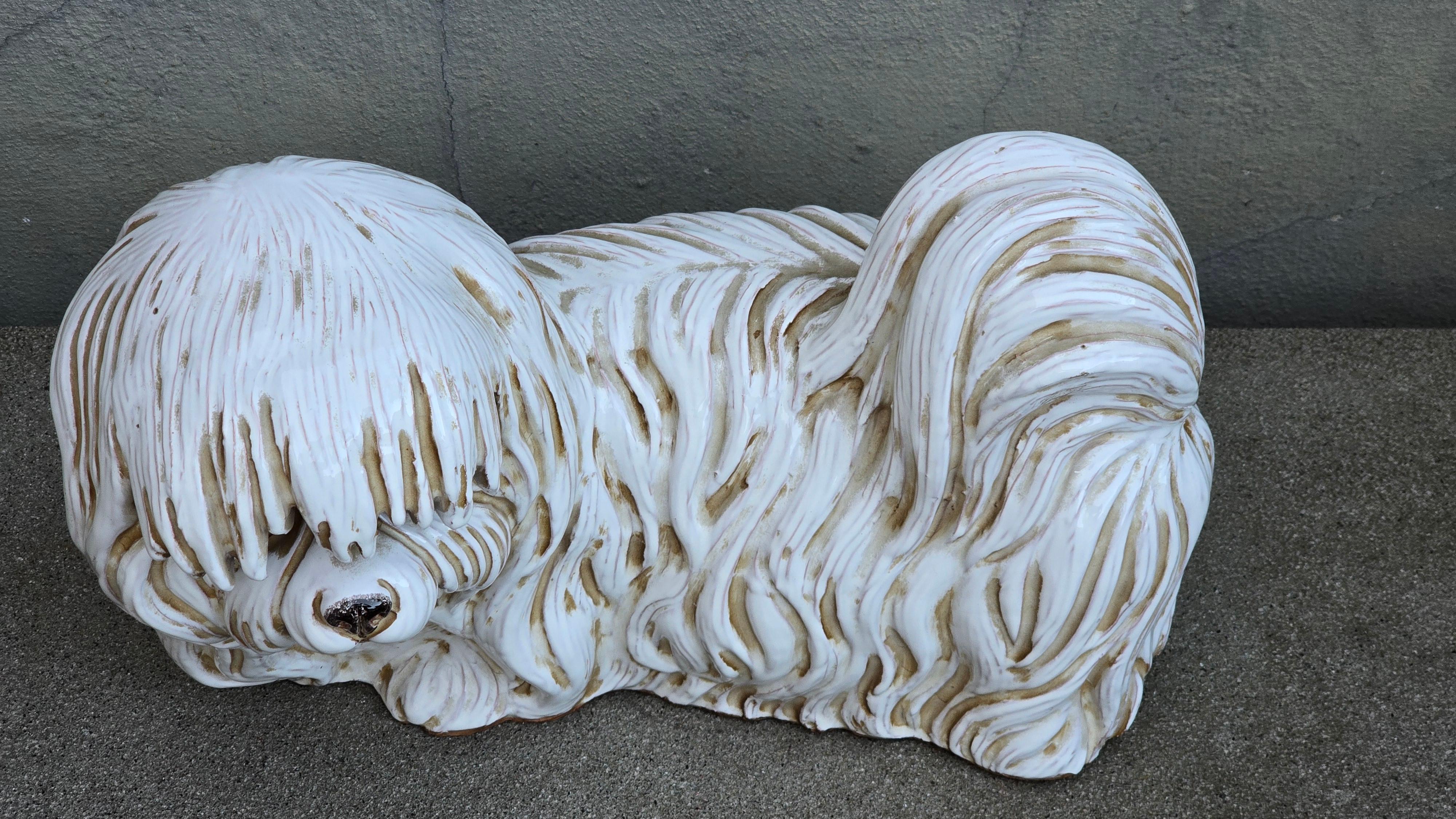 Large Vintage Italian Glazed Terracotta Maltese Dog Statue Floor Sculpture 3