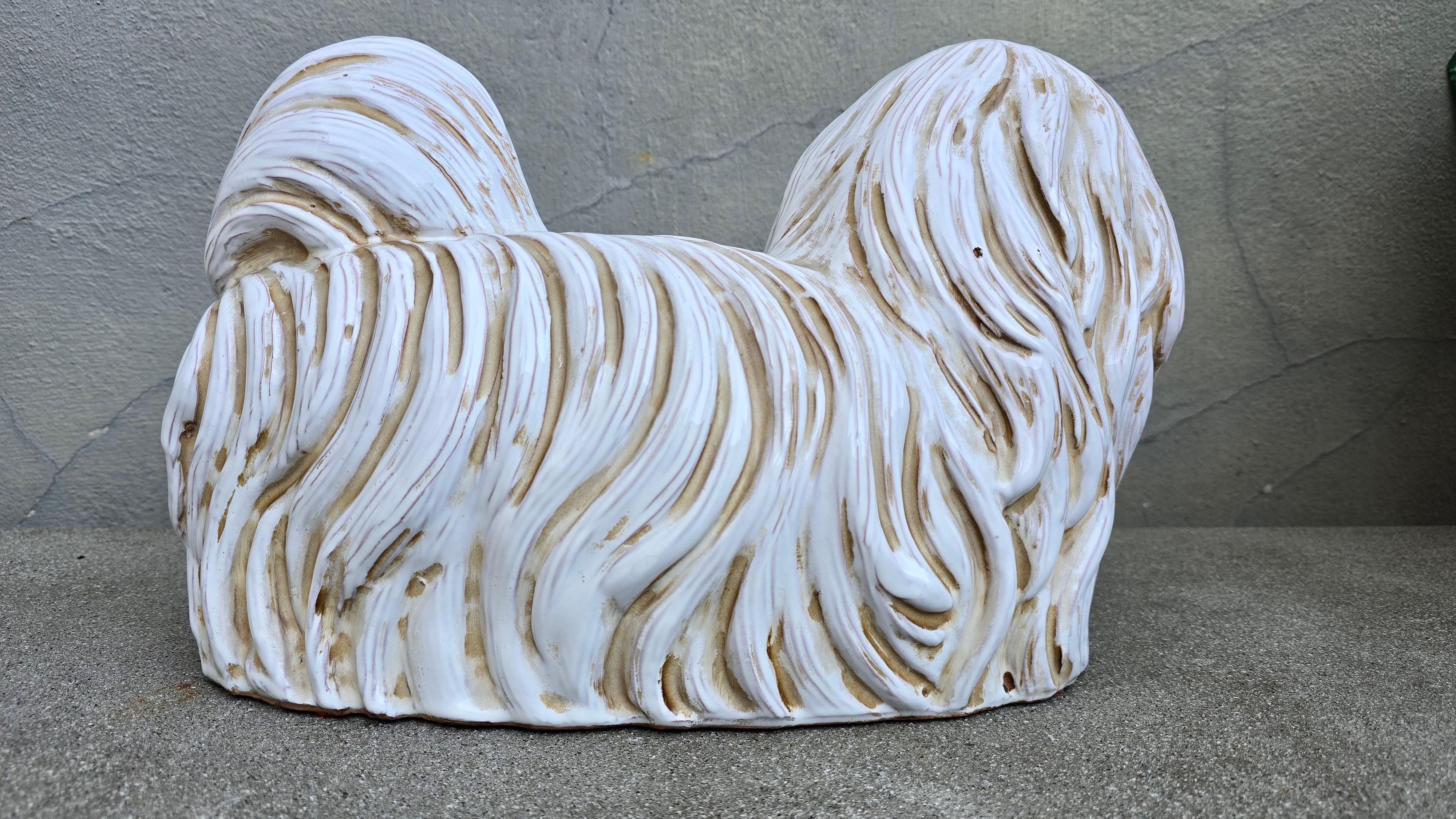 Large Vintage Italian Glazed Terracotta Maltese Dog Statue Floor Sculpture 4