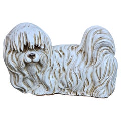 Large Vintage Italian Glazed Terracotta Maltese Dog Statue Floor Sculpture
