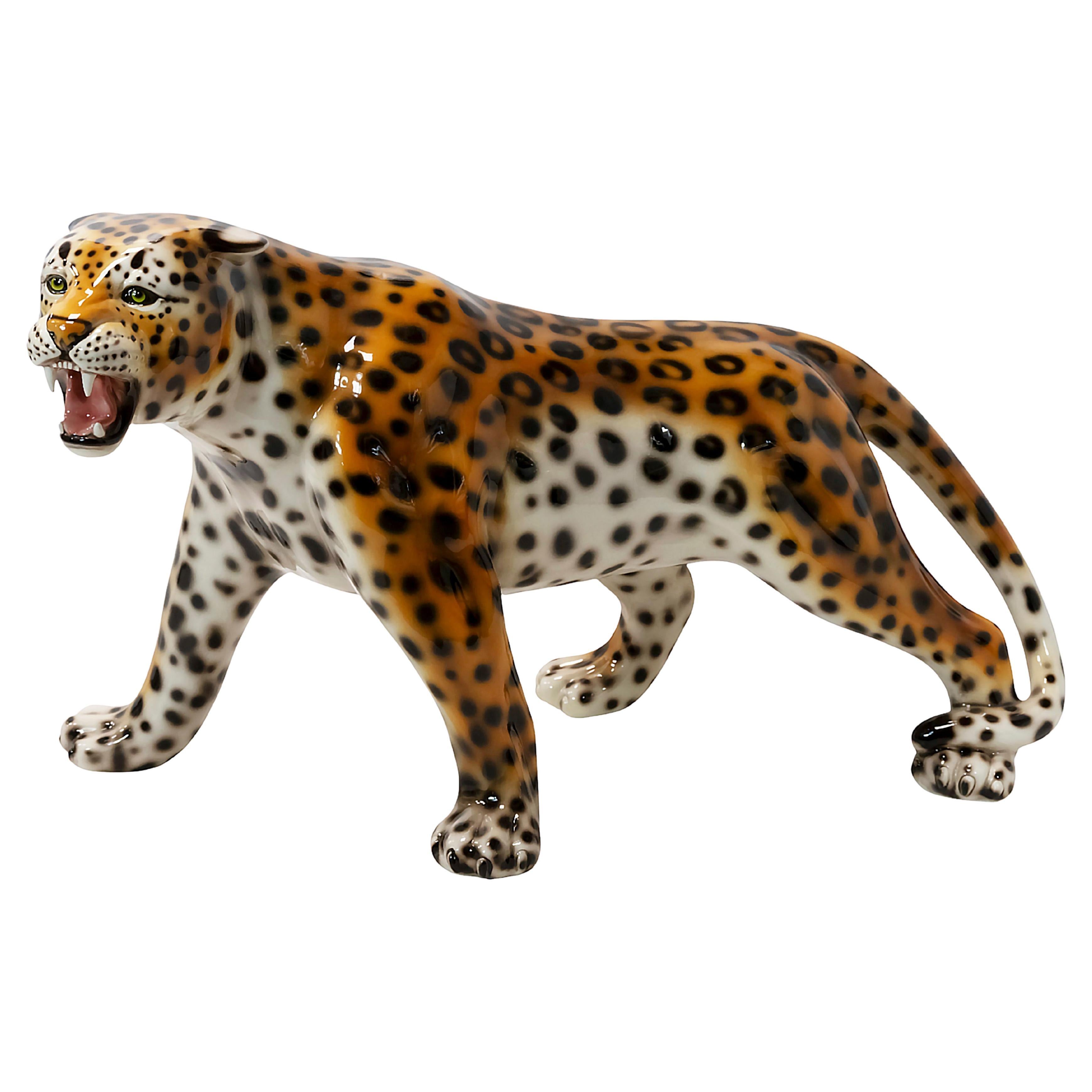 Large Vintage Italian Hand Made Glazed Ceramic Leopard Sculpture