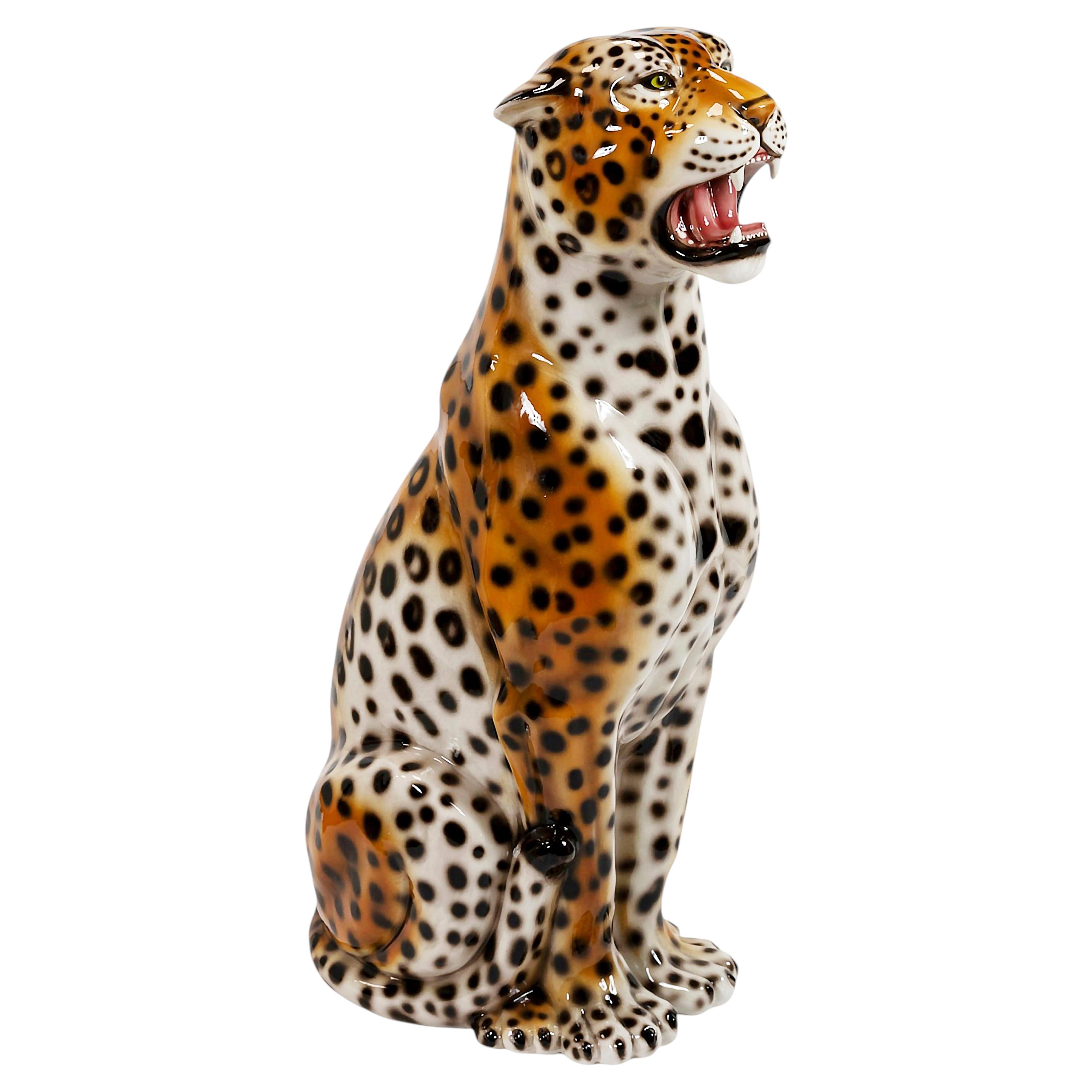 Large Vintage Italian Hand Made Glazed Ceramic Leopard Sculpture
