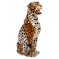 Large Vintage Italian Hand Made Glazed Ceramic Leopard Sculpture