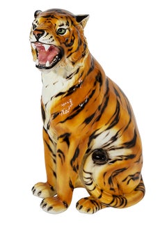 Large Vintage Italian Hand Made Glazed Ceramic Tiger Sculpture