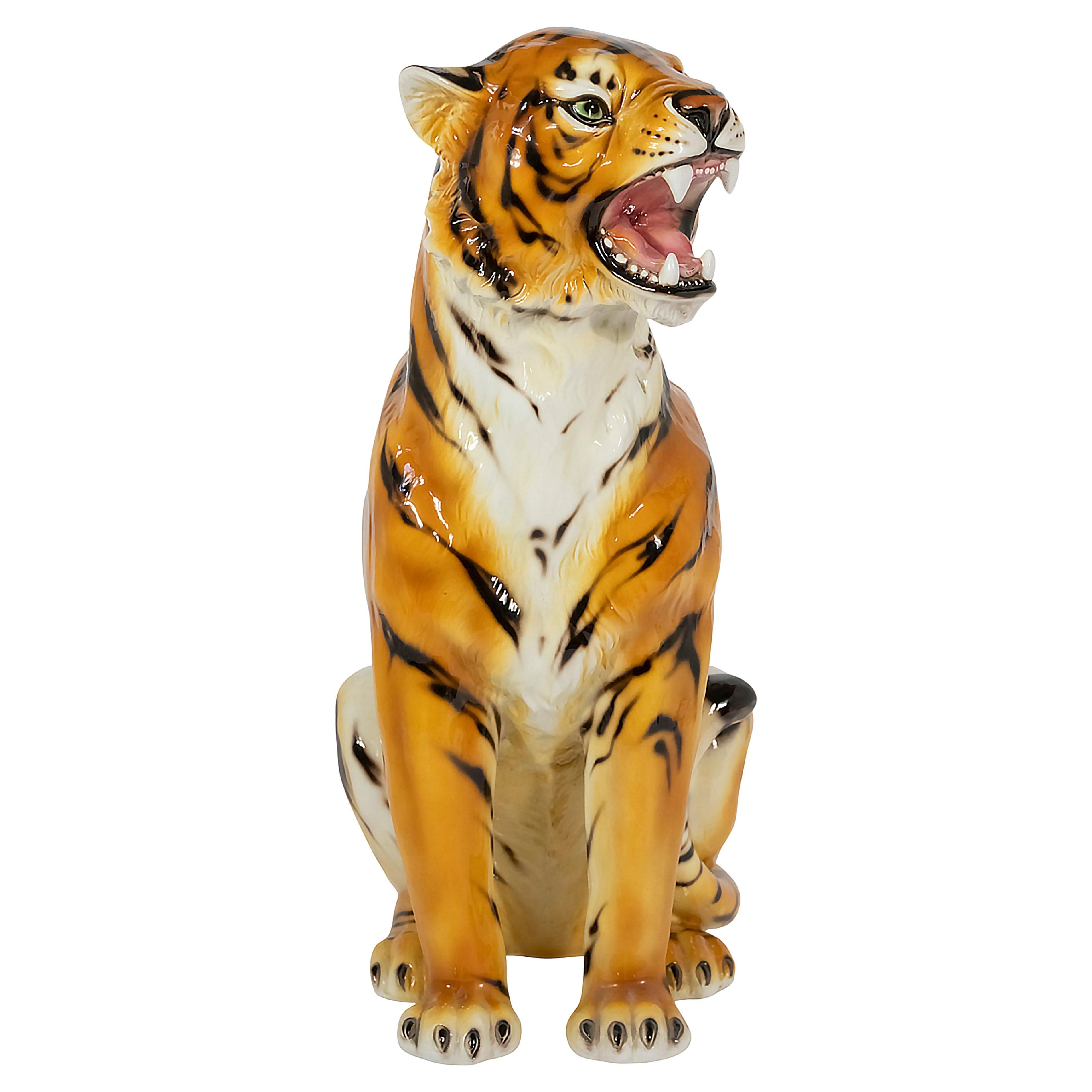 Large Vintage Italian Hand Made Glazed Ceramic Tiger Sculpture