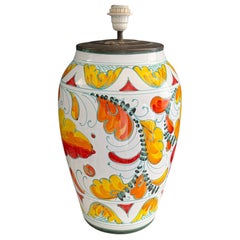Large Vintage Italian Hand-Painted Ceramic Table Lamp with Floral Decoration