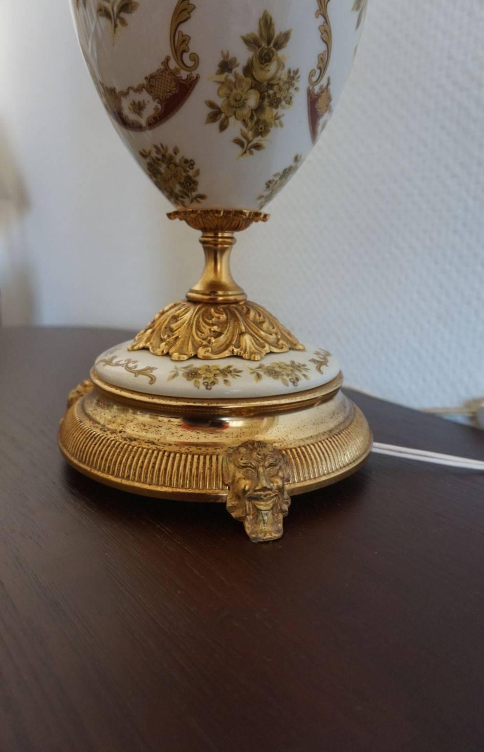 Brass Large Vintage Italian Hand-Painted Porcelain Vase Table Lamp, circa 1960