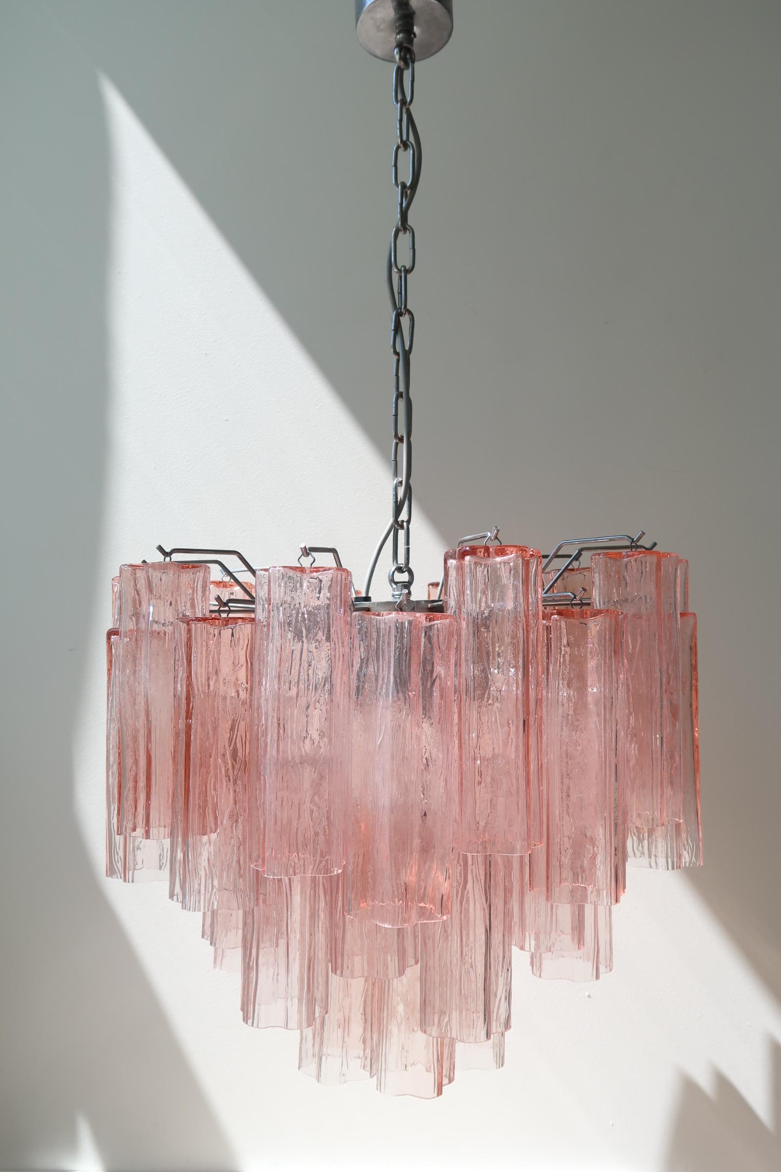 Late 20th Century Large Vintage Italian Murano 54 Prism Tronchi Pink Rose Chandelier Mouth Blown