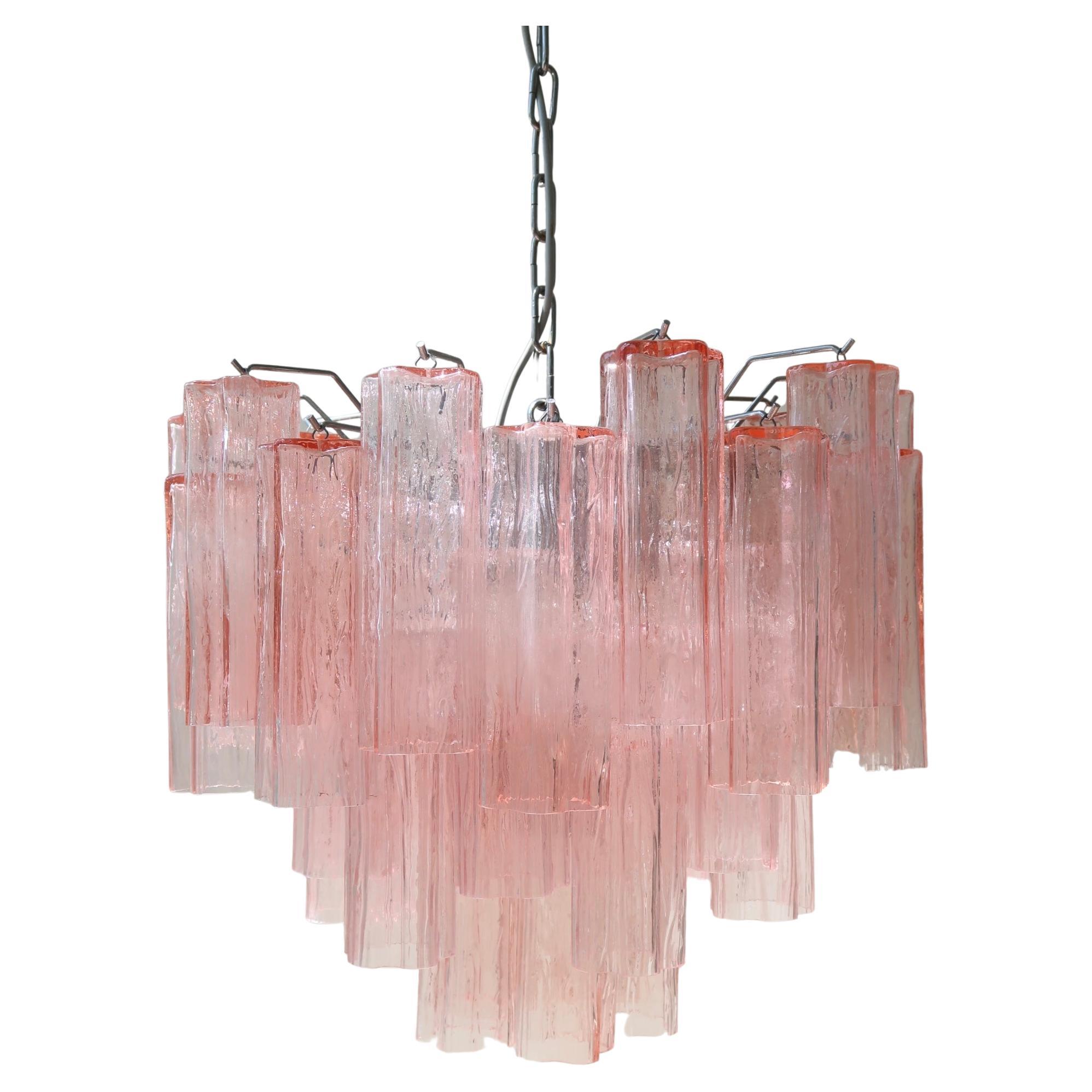 Large Vintage Italian Murano 54 Prism Tronchi Pink Rose Chandelier Mouth Blown