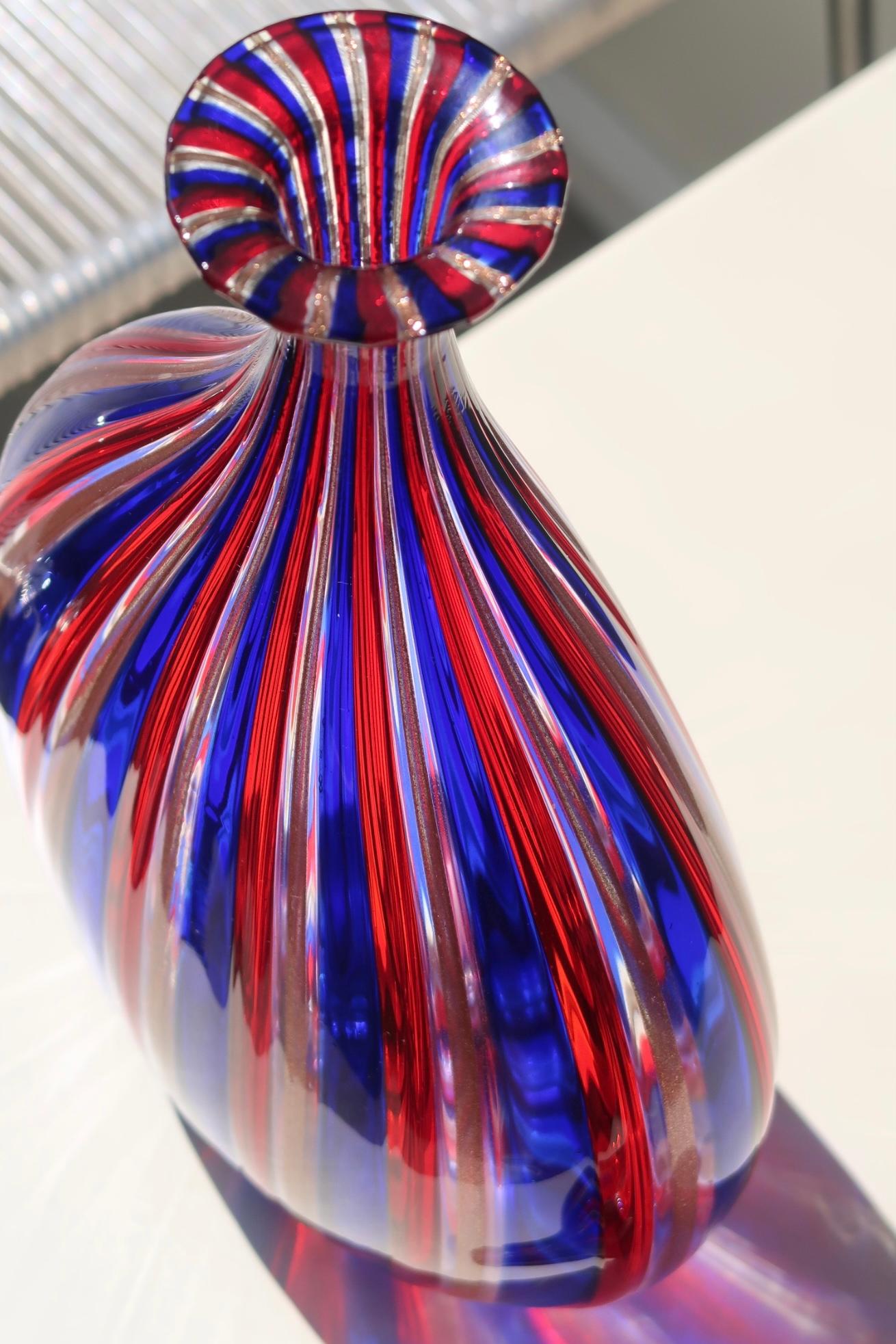 Large Vintage Italian Murano Bottle Vase Blue Red Glass Venini Ponti Fratelli 1