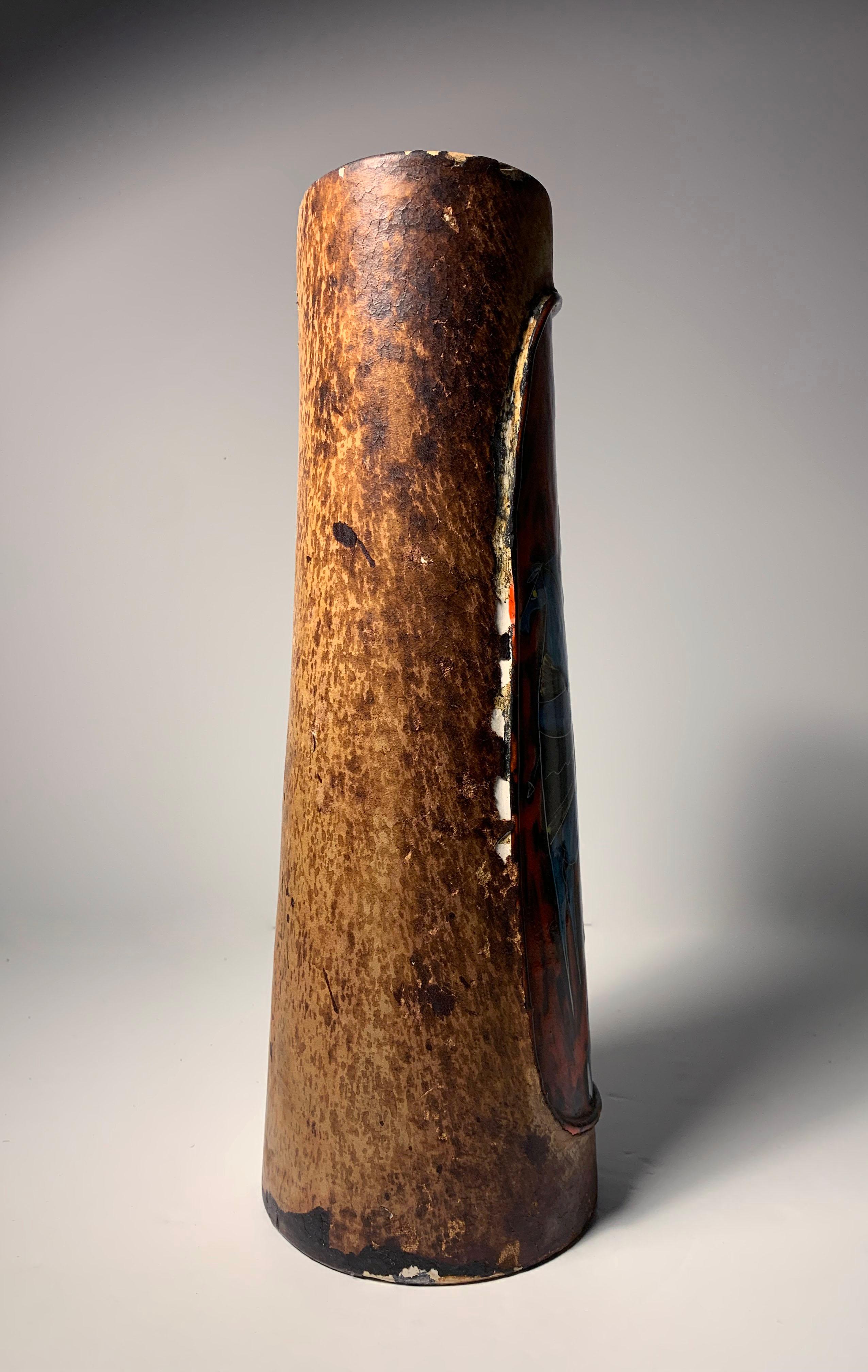 20ième siècle Grand vase italien vintage en poterie et cuir par Fantoni pour Raymor en vente