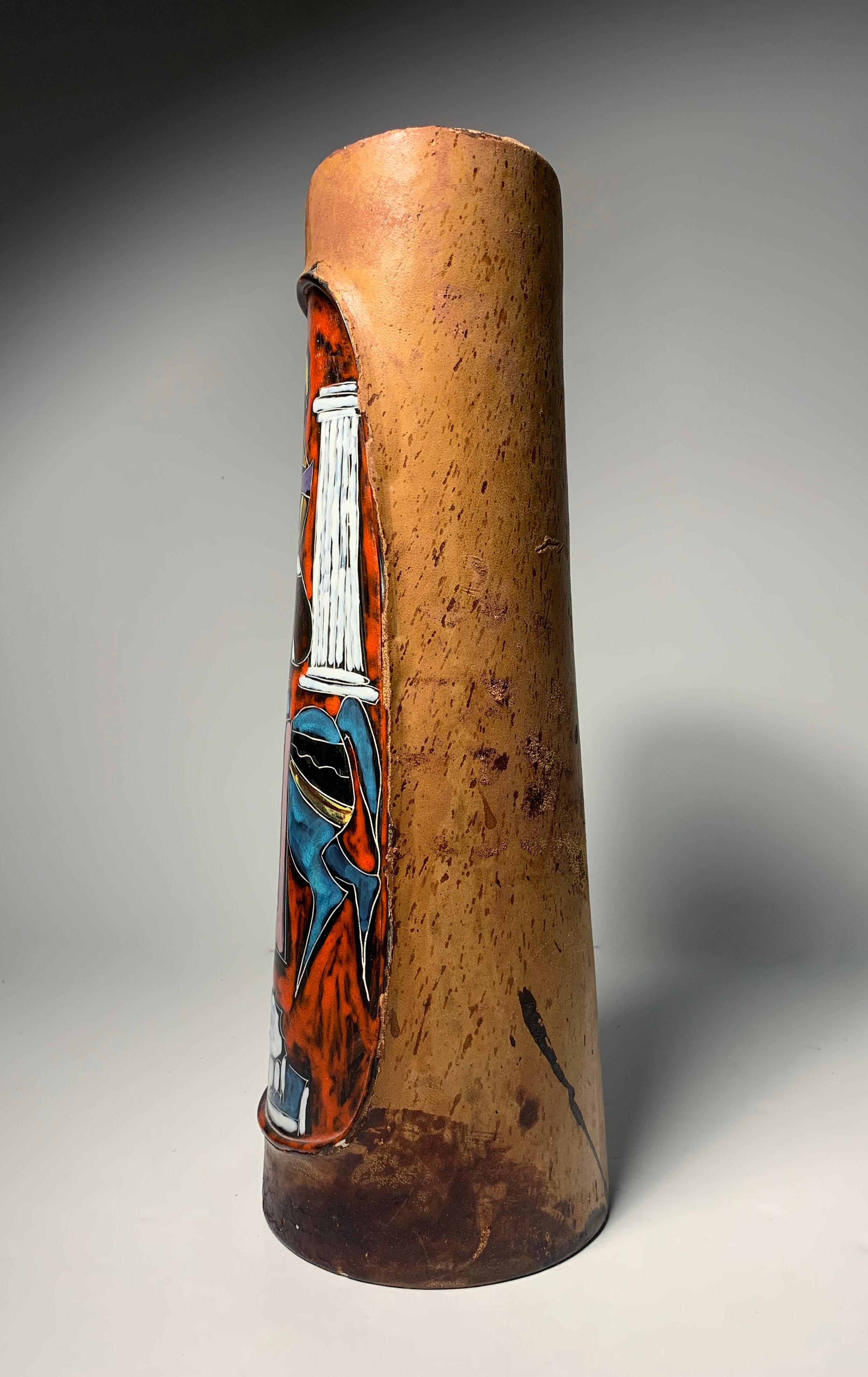 Grand vase italien vintage en poterie et cuir par Fantoni pour Raymor en vente 1