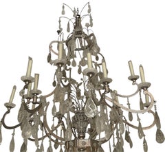 Large Vintage Italian Rock Crystal and Silver Leaf Chandelier, 20th Century.