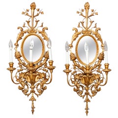 Vintage Large Italian Rococo Style Gold Giltwood Mirrored Wall Sconces, circa 1940