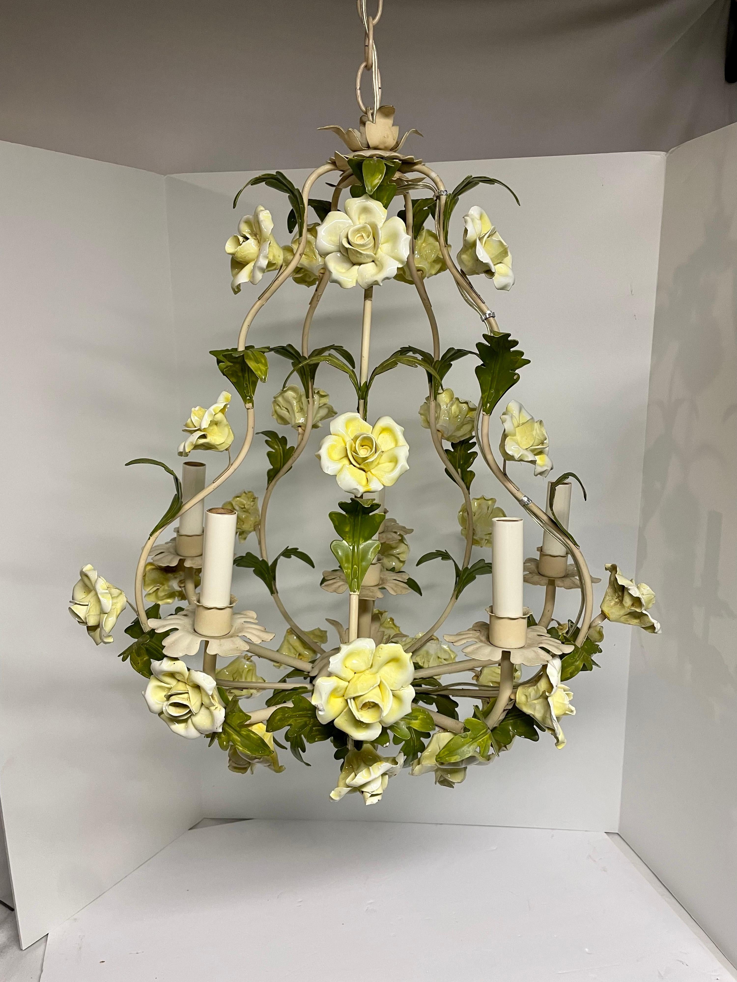 Large Vintage Italian Tole Floral Yellow Rose Chandelier 1