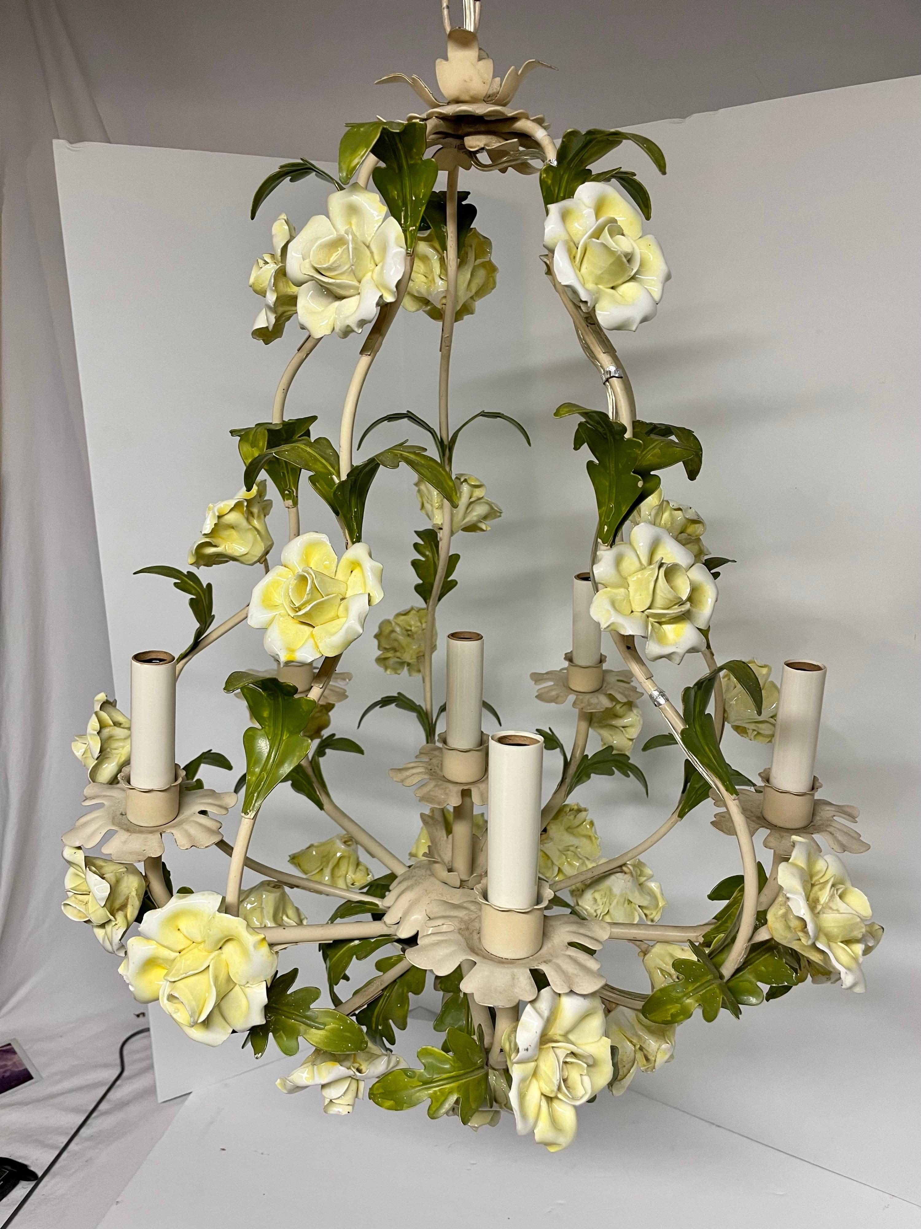 Large Vintage Italian Tole Floral Yellow Rose Chandelier 2