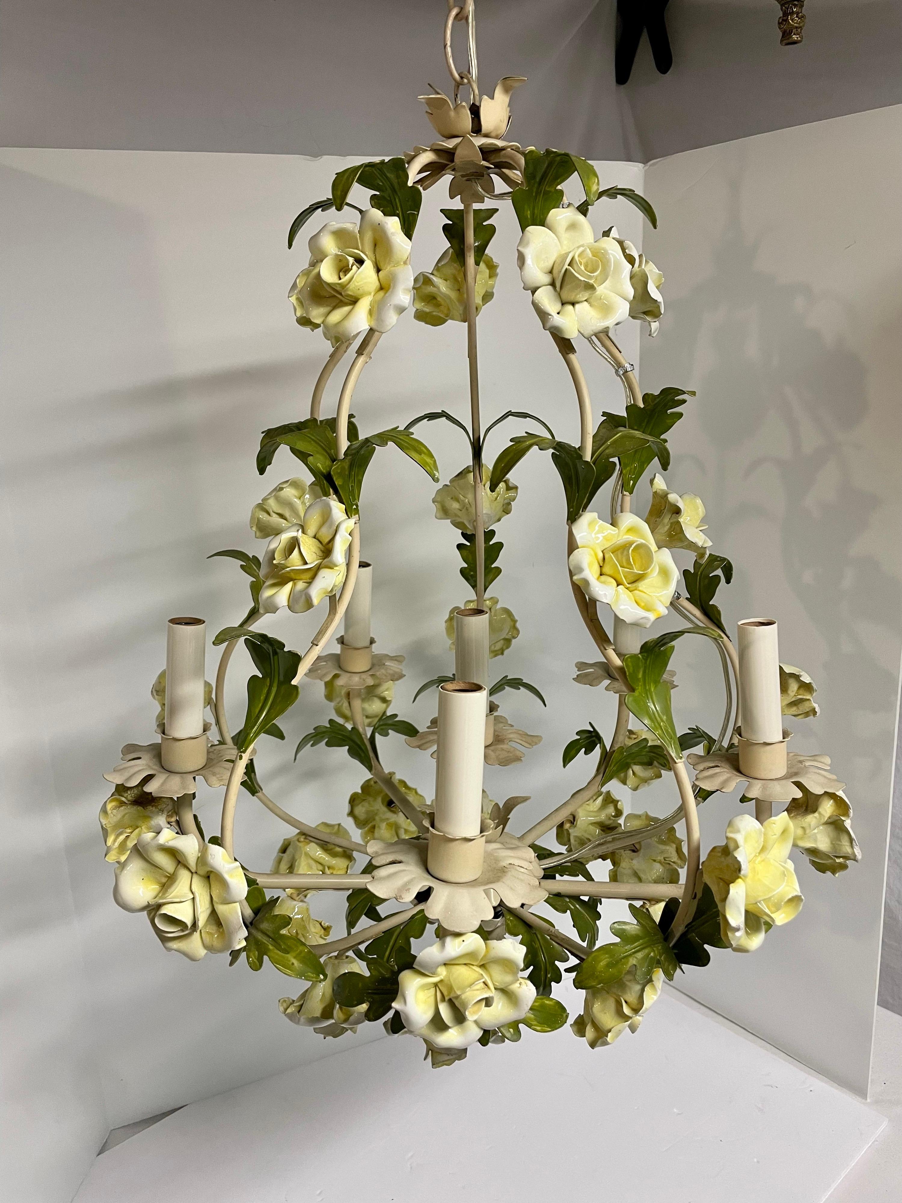 Large Vintage Italian Tole Floral Yellow Rose Chandelier 9