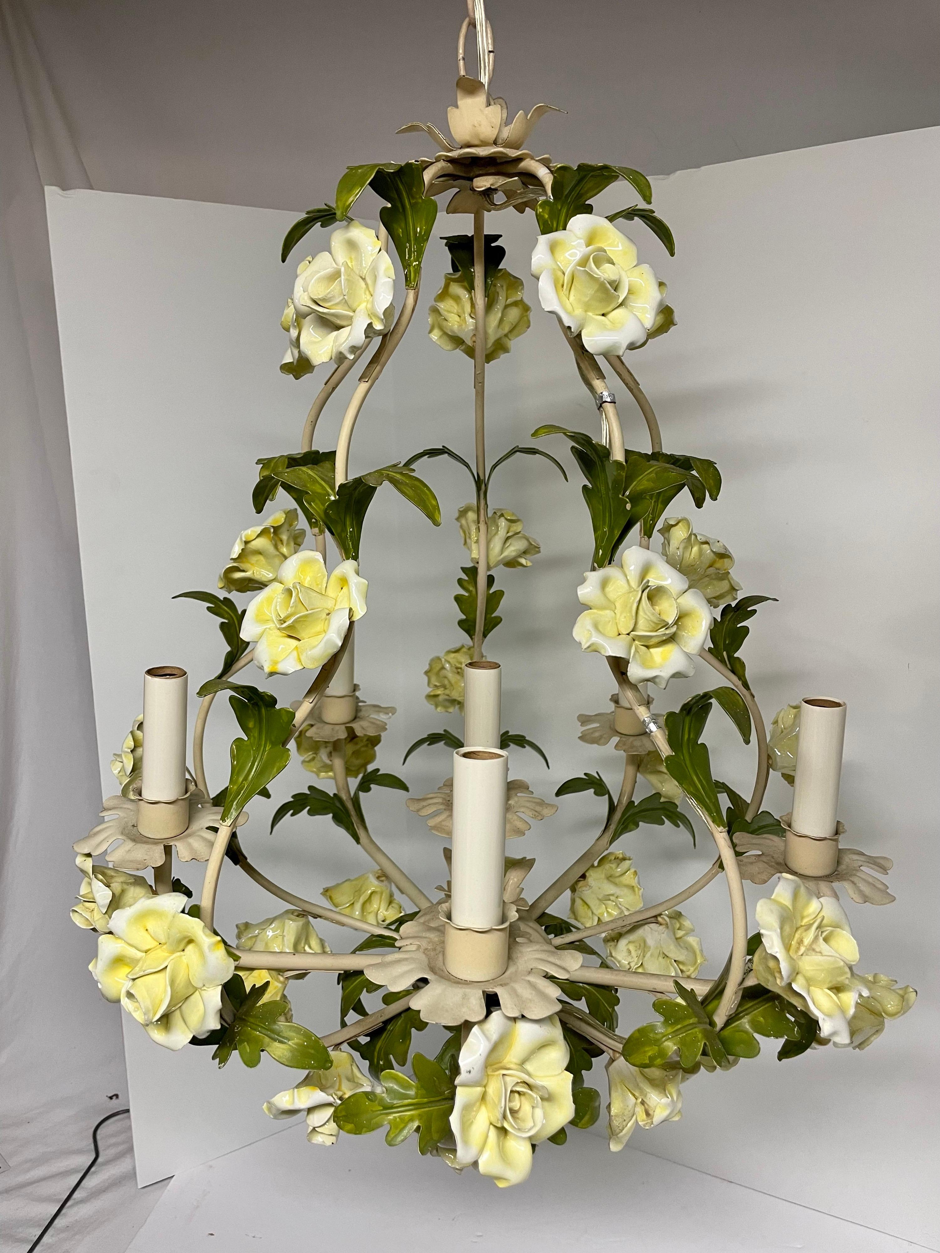 Large Vintage Italian Tole Floral Chandelier with yellow and white roses with six arms. New sockets and wiring . 29