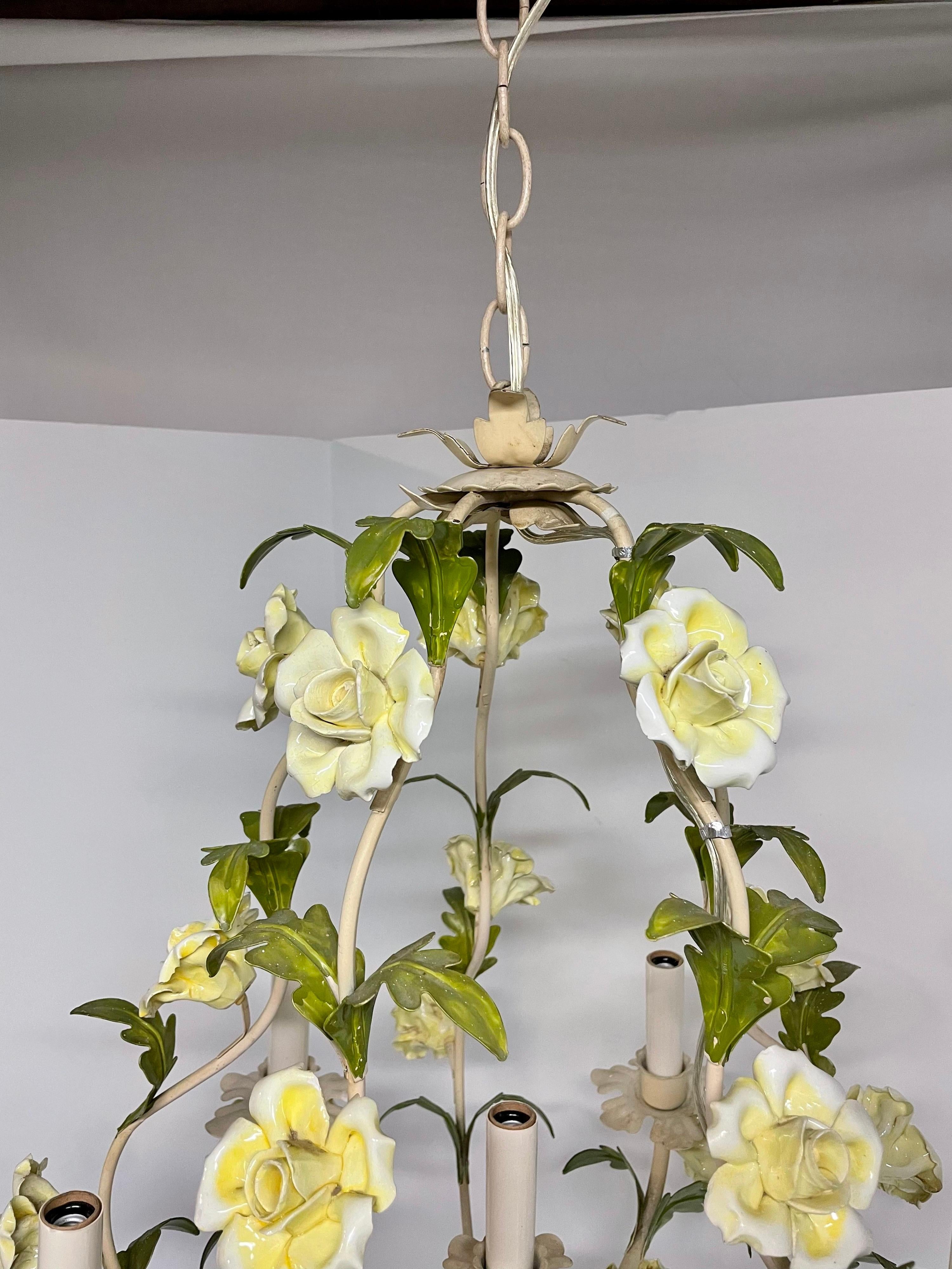 Hollywood Regency Large Vintage Italian Tole Floral Yellow Rose Chandelier