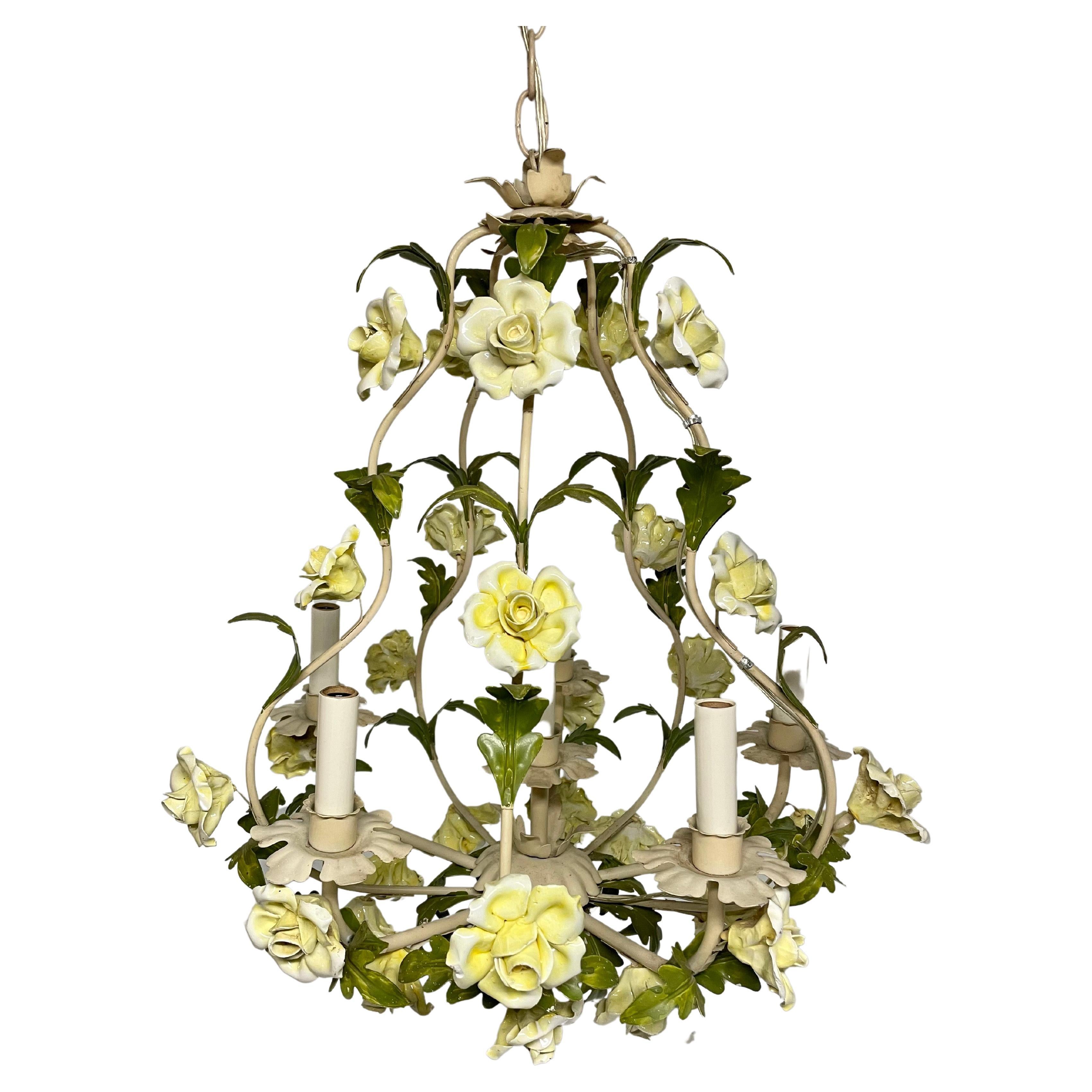 Large Vintage Italian Tole Floral Yellow Rose Chandelier