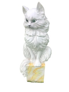 Large Vintage Italian White Glazed Terracotta Cat with Green Glass Eyes