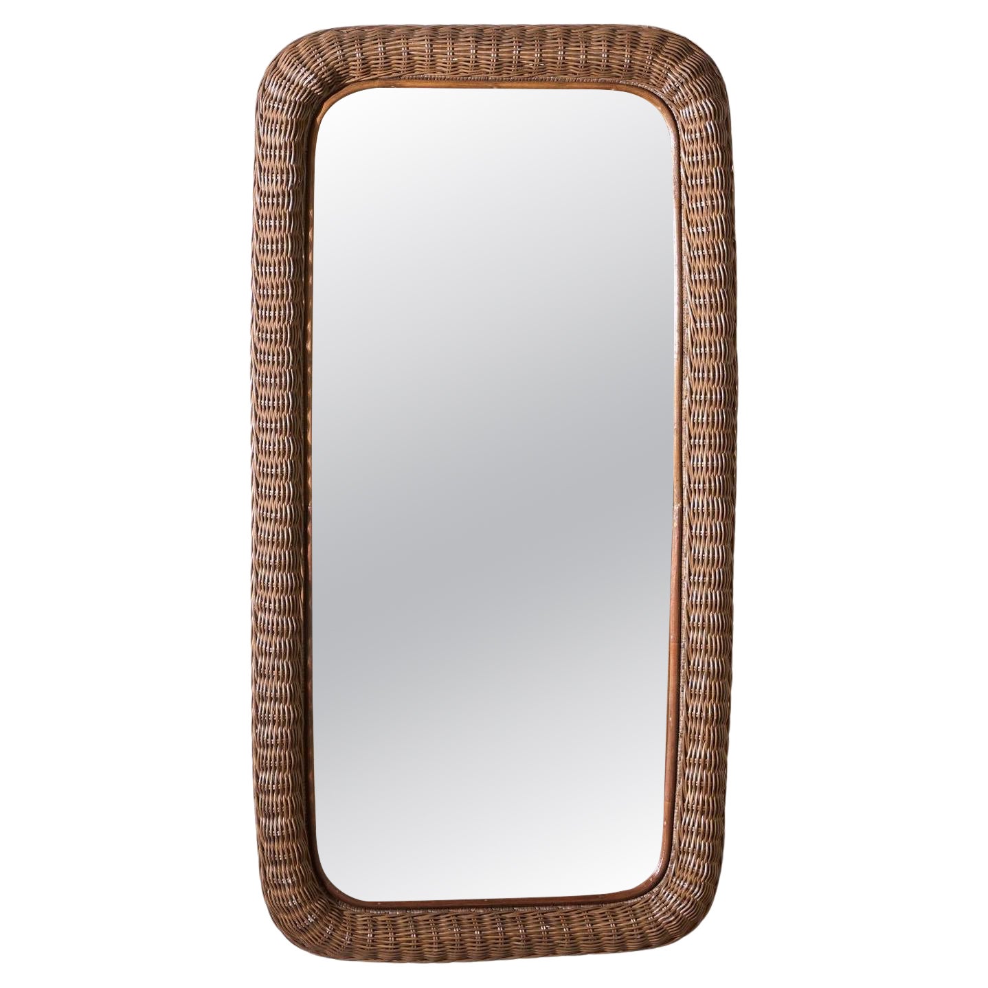 Grand miroir mural vintage en osier italien - Brun en vente