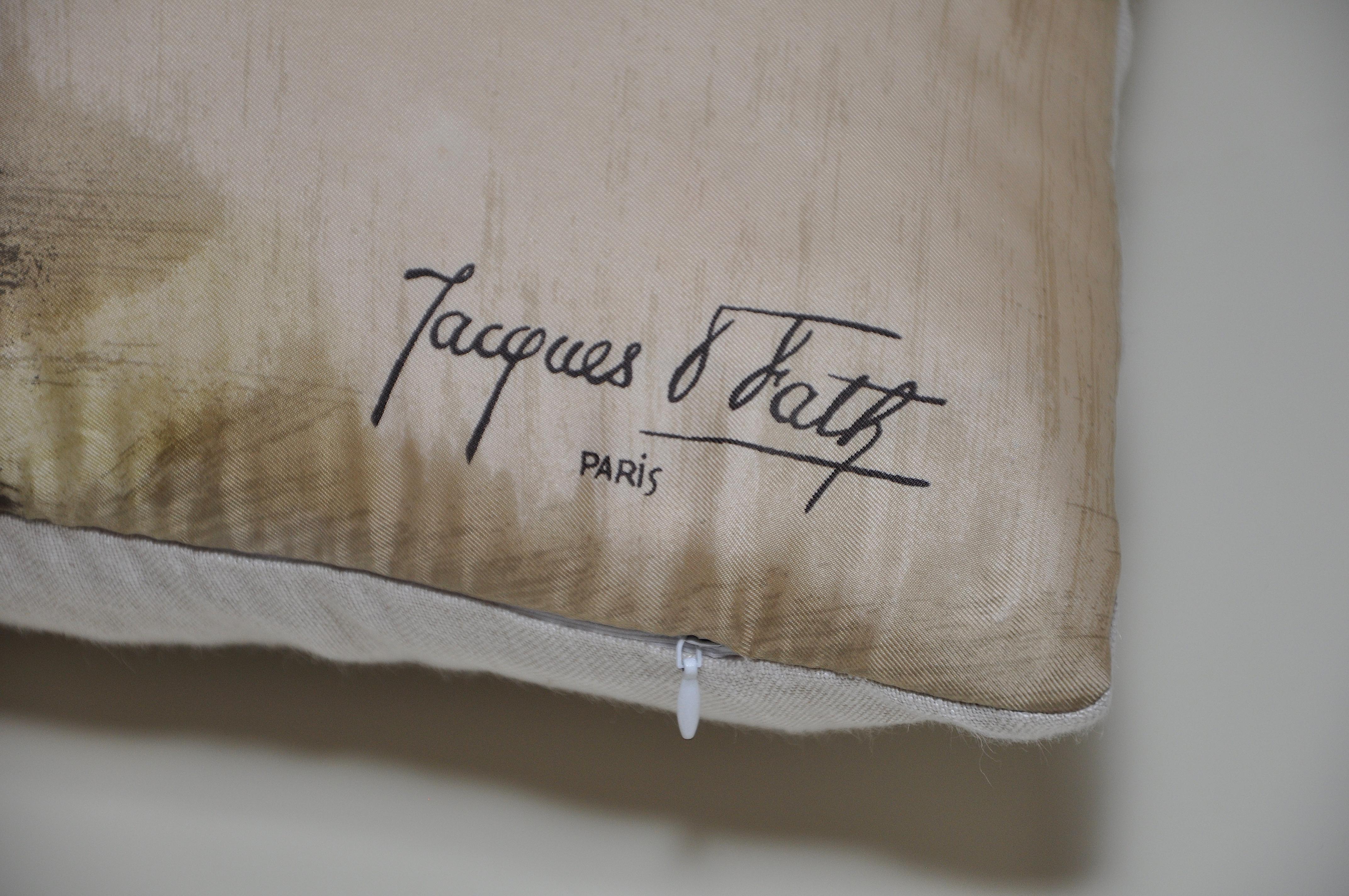 Large vintage Jacques Fath French silk fabric with Irish linen cushion pillow.

This cushion is a one-of-a-kind and part of a sustainability project.
It has been created from an up-cycled, recycled luxury fabric, used with the intentions of