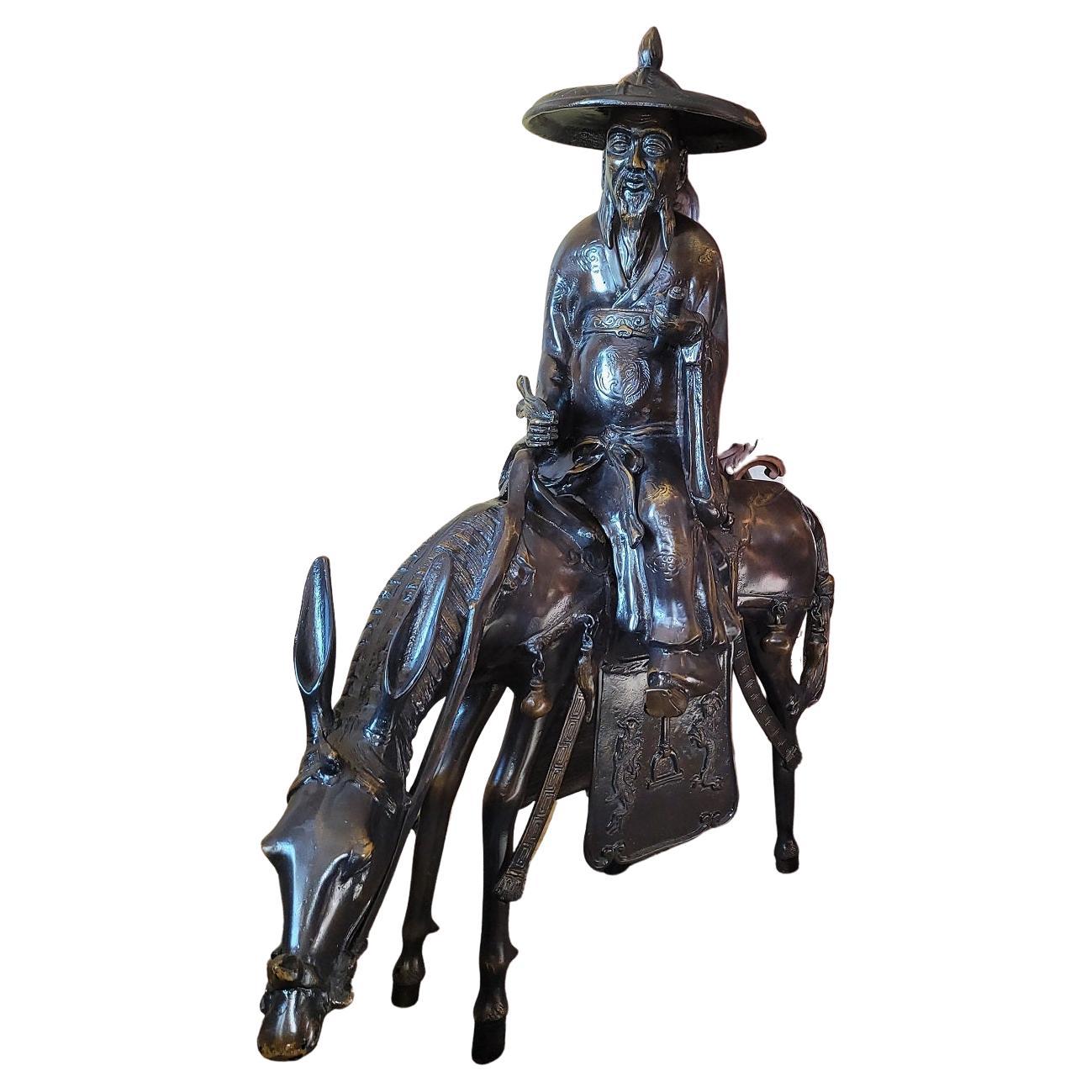 Grande sculpture japonaise vintage en bronze de Toba sur sa mule