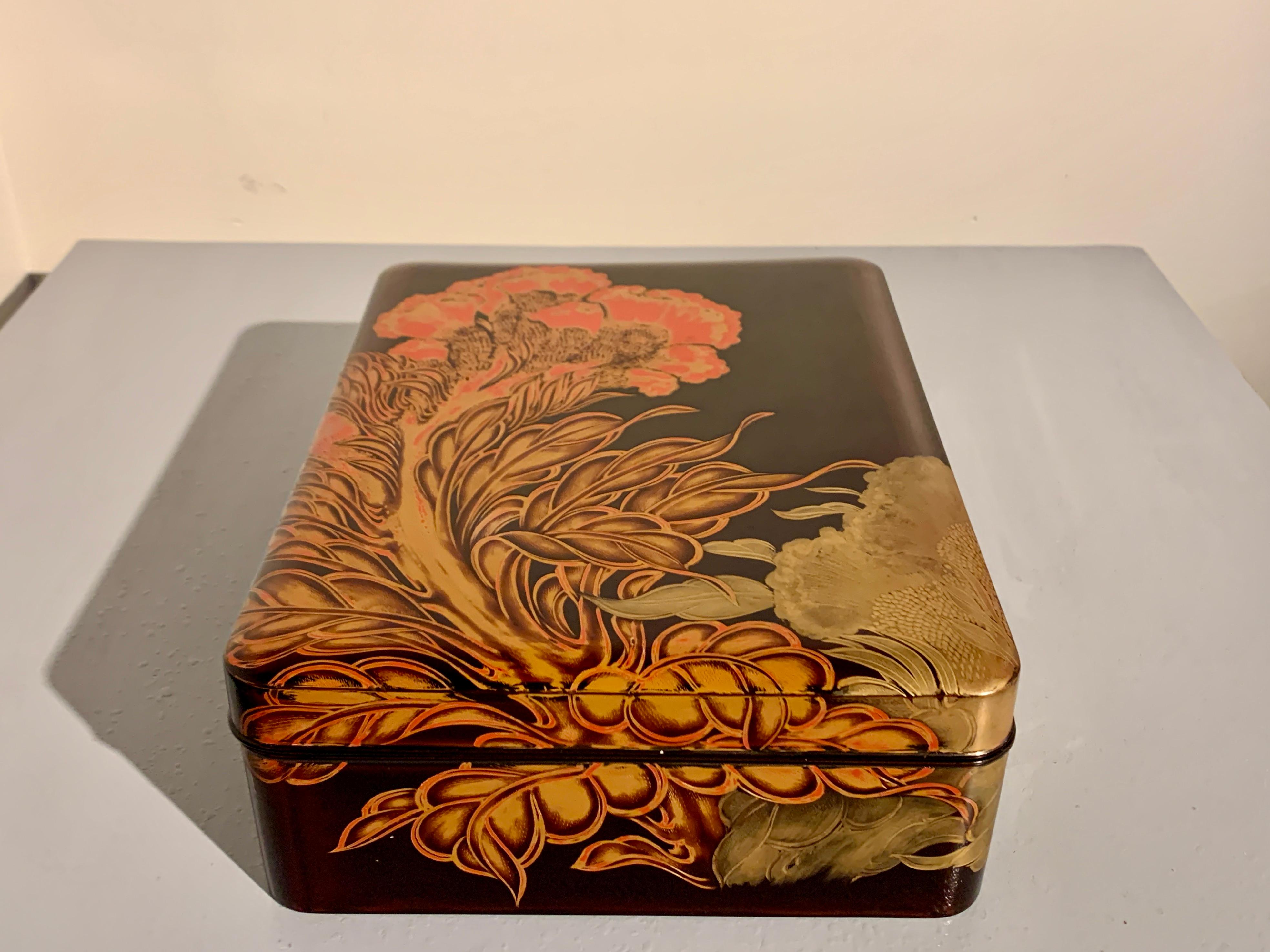 A large and boldly decorated Japanese lacquer document box, ryoshibako, Showa Period, circa 1960, Japan.

The large rectangular box for storing papers of documents is known as a ryoshibako. This lacquer ryoshibako features a rounded corners and a