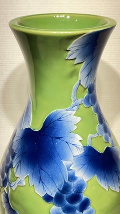 Large Vintage Japanese  Lime Green and Blue Glazed Ceramic Vase