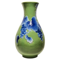 Large Vintage Japanese  Lime Green and Blue Glazed Ceramic Vase