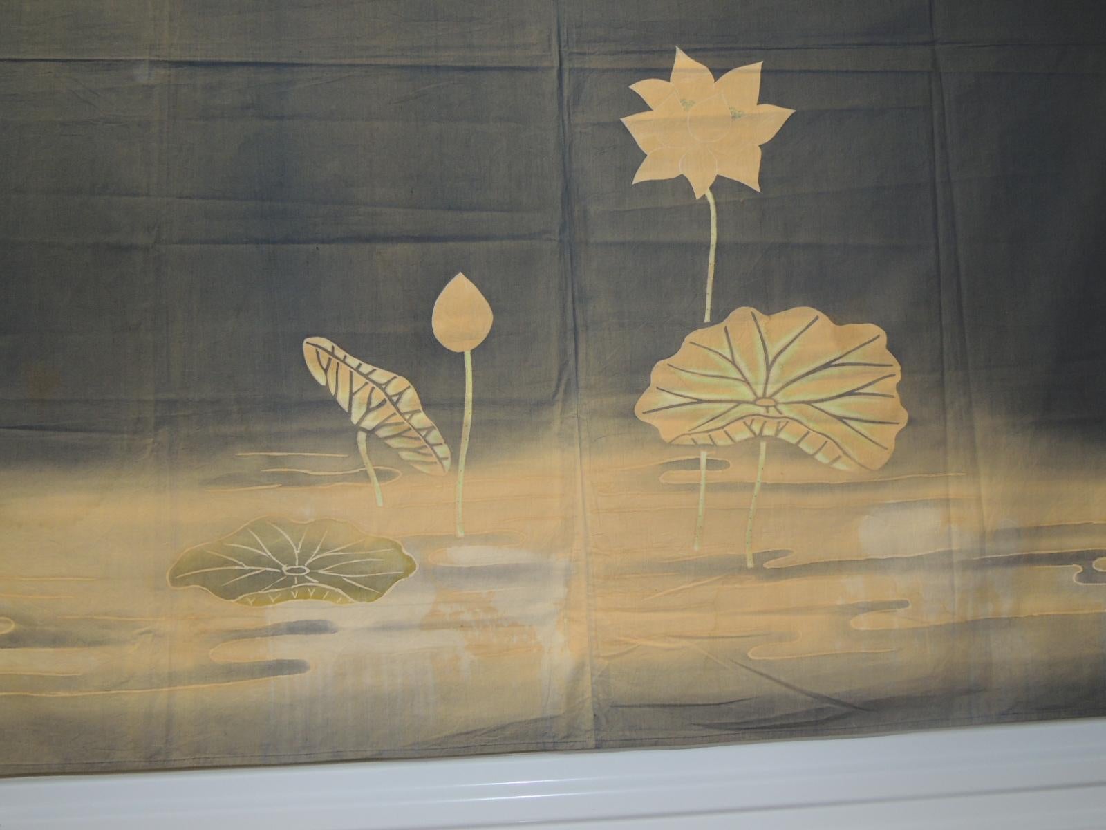 Antique Textile Collection:
Vintage Japanese Printed Cotton Banner. Two panels attached in the center.
Depicting hand painted clouds and lotus flowers.
Size: 65H x 72W
