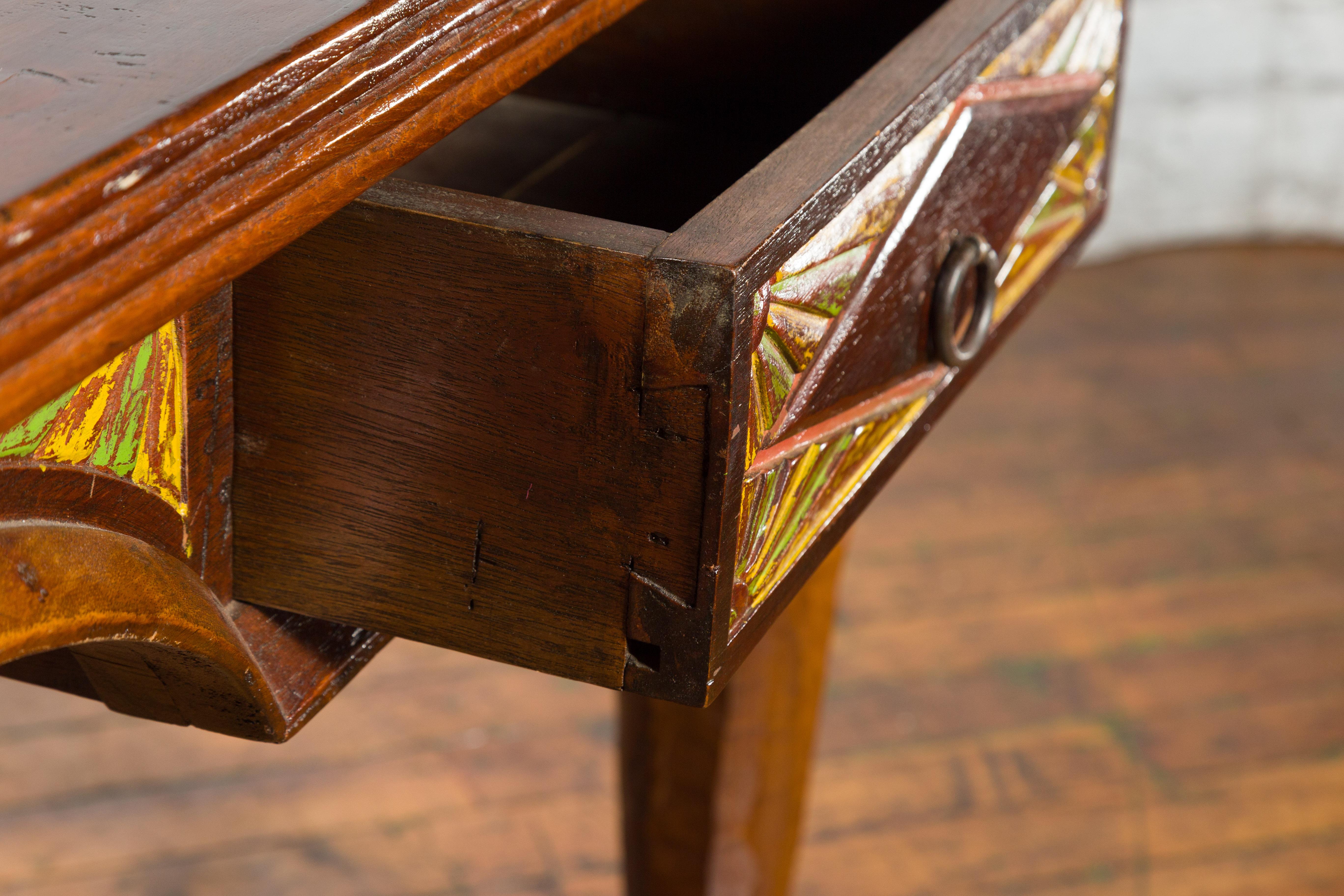 Large Vintage Javanese Dutch Colonial Teak Desk with Carved Painted Drawers 5