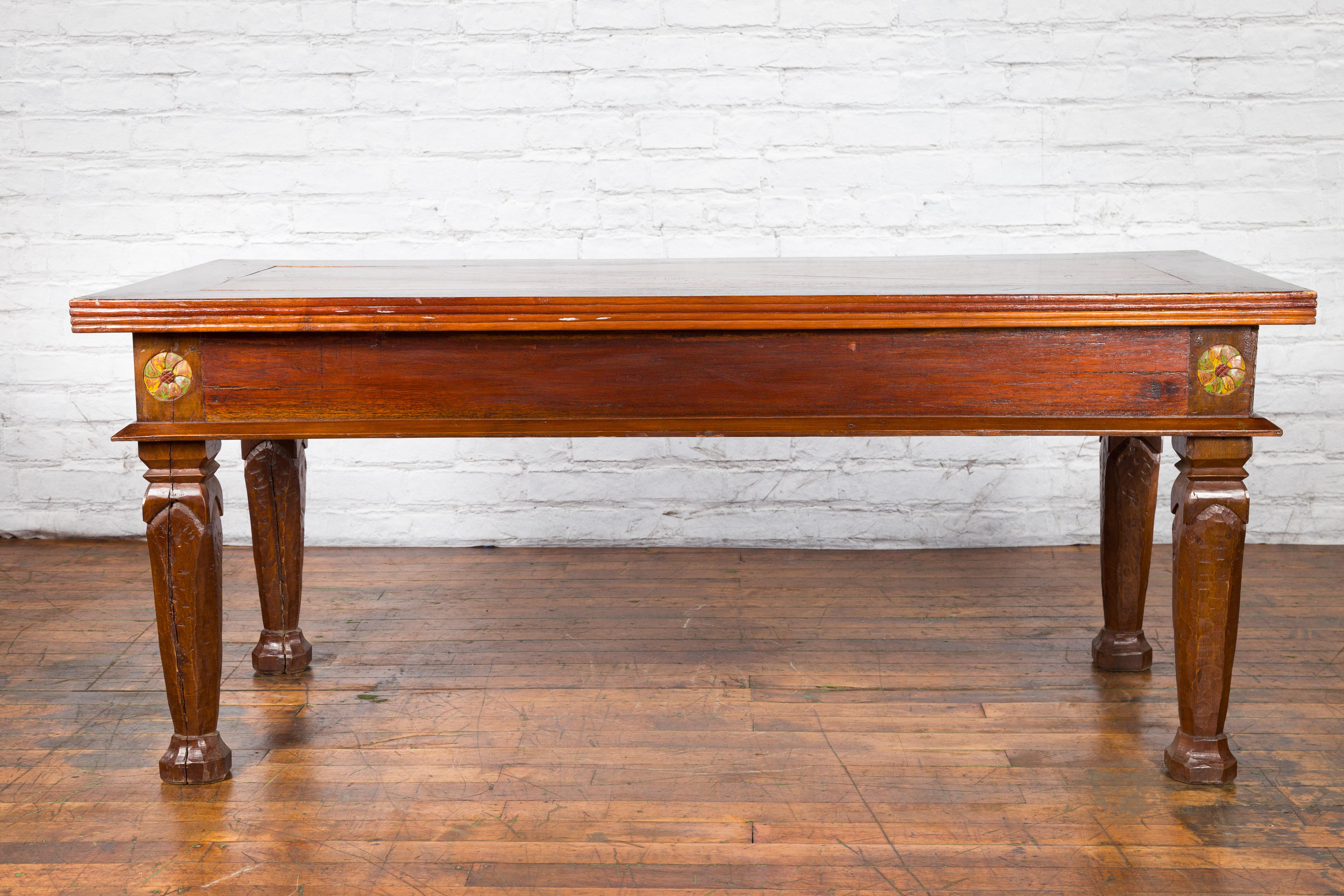 Large Vintage Javanese Dutch Colonial Teak Desk with Carved Painted Drawers 8