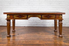 Large Vintage Javanese Dutch Colonial Teak Desk with Carved Painted Drawers