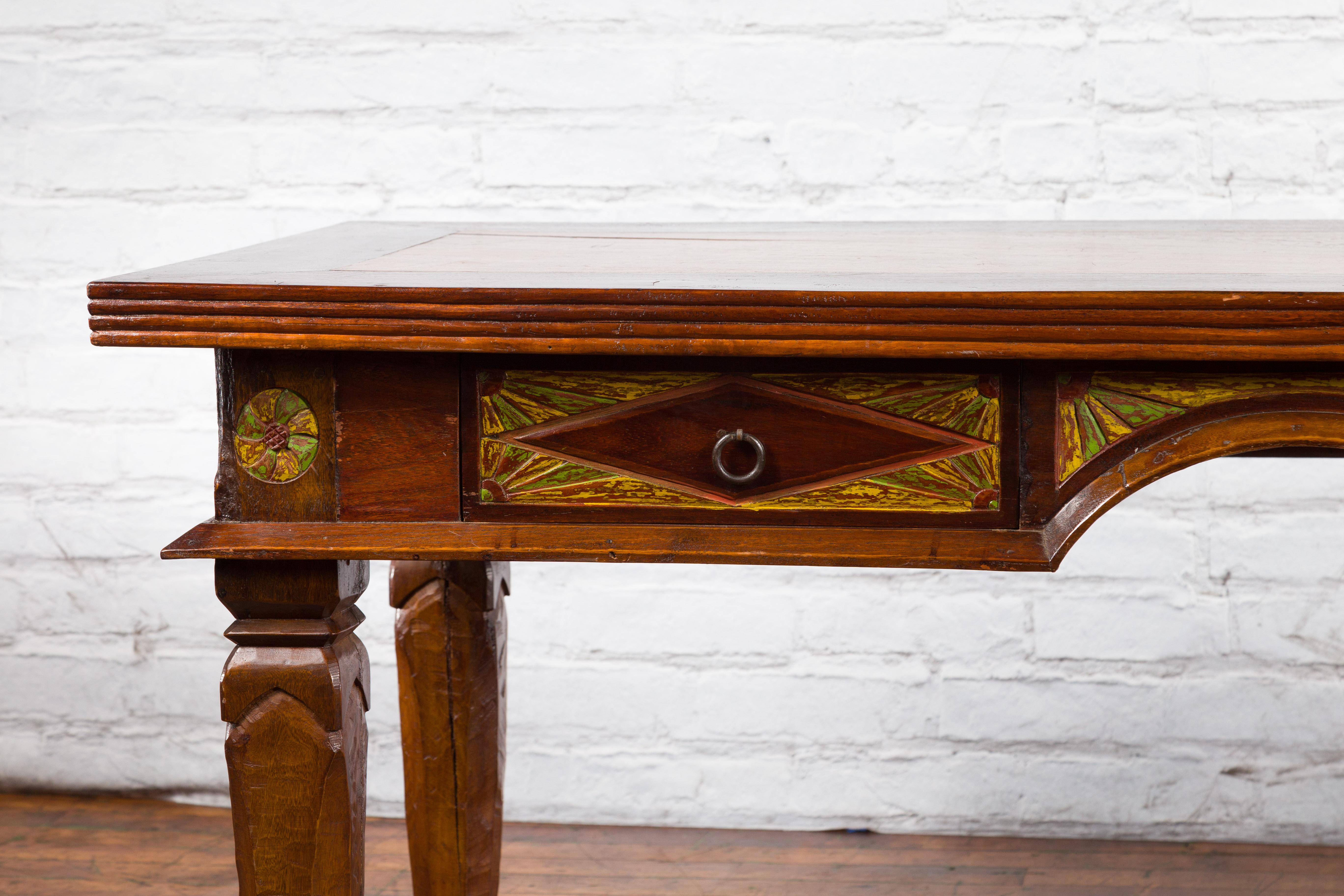Large Vintage Javanese Dutch Colonial Teak Desk with Carved Painted Drawers In Good Condition In Yonkers, NY
