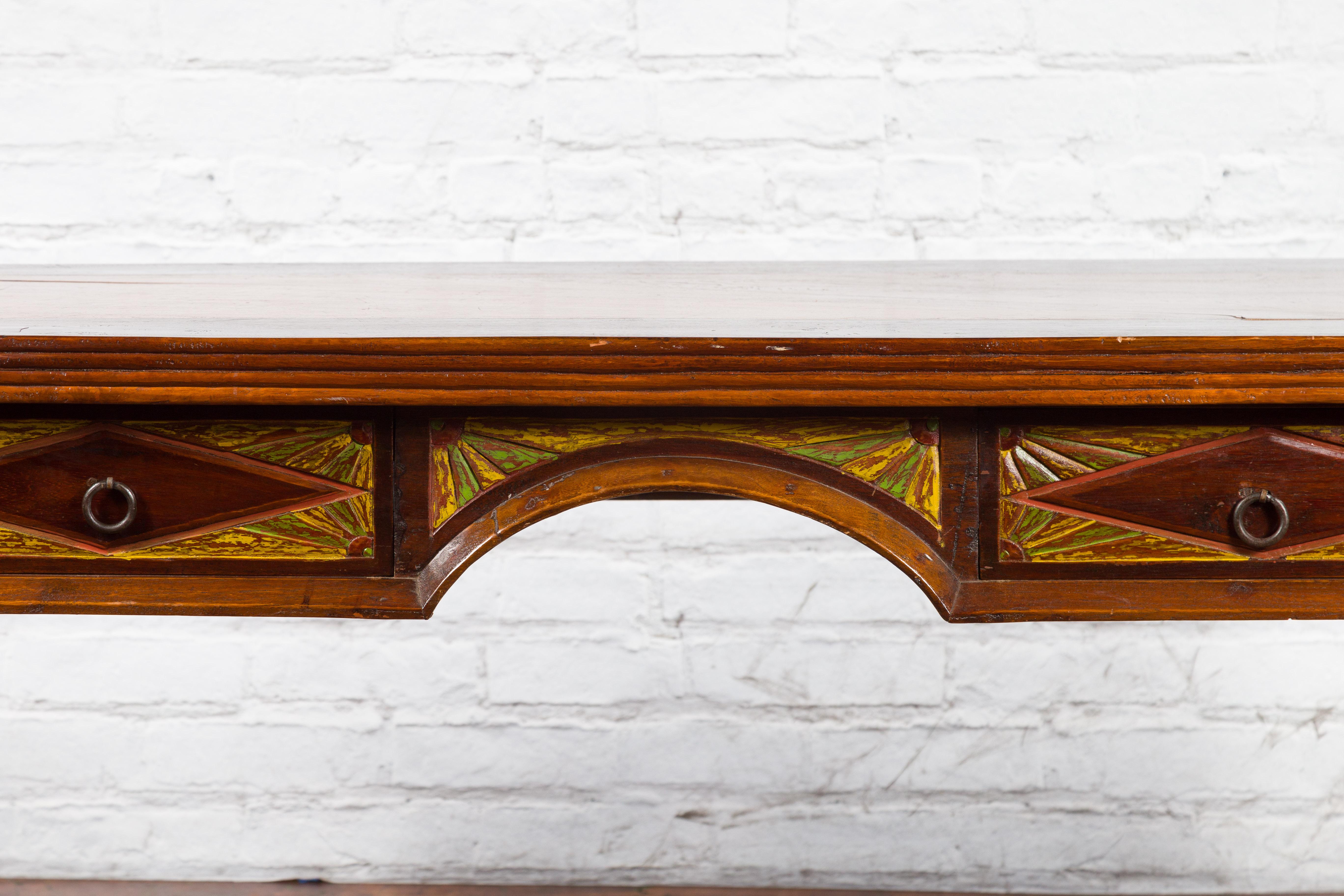 20th Century Large Vintage Javanese Dutch Colonial Teak Desk with Carved Painted Drawers