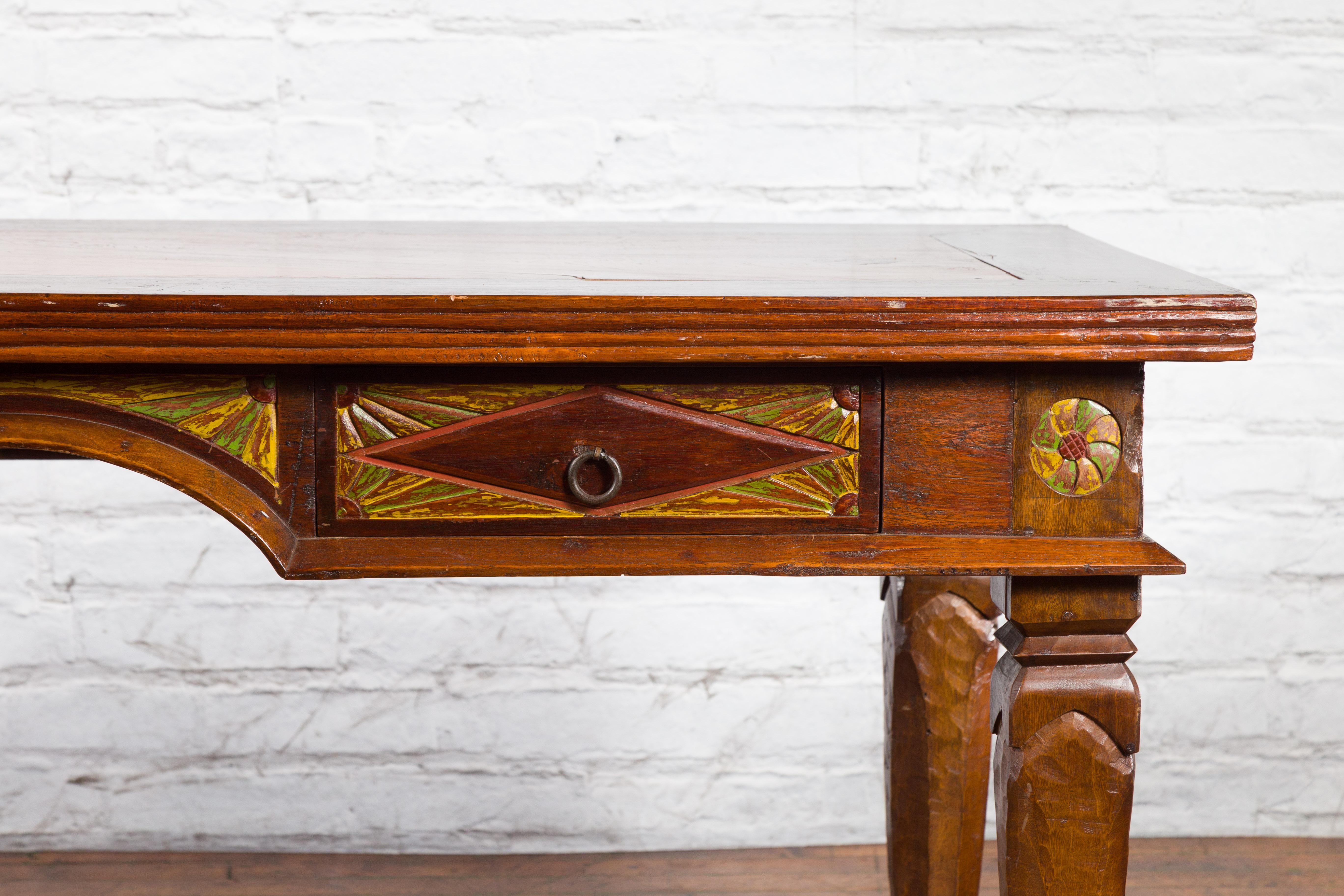 Wood Large Vintage Javanese Dutch Colonial Teak Desk with Carved Painted Drawers