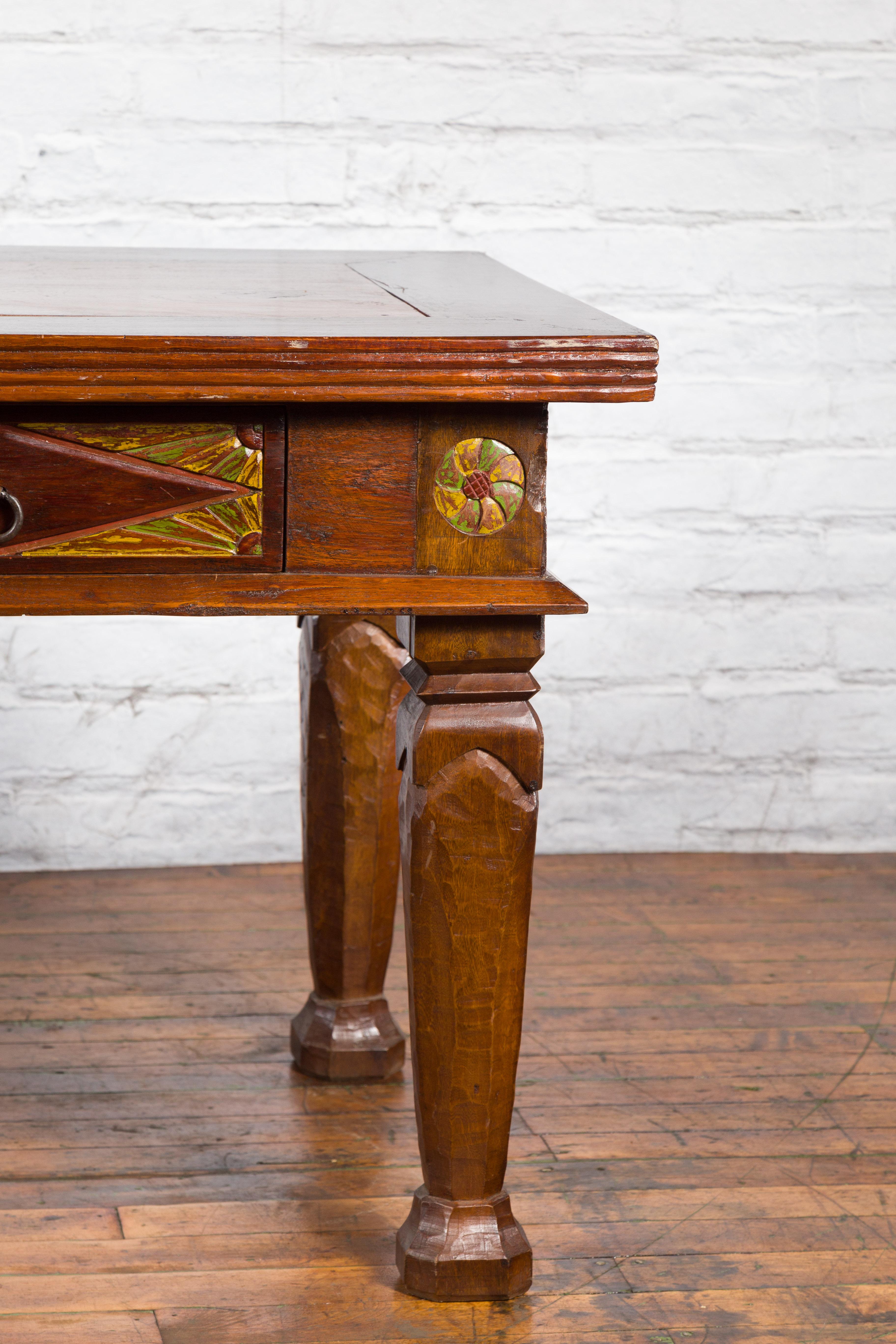 Large Vintage Javanese Dutch Colonial Teak Desk with Carved Painted Drawers 1