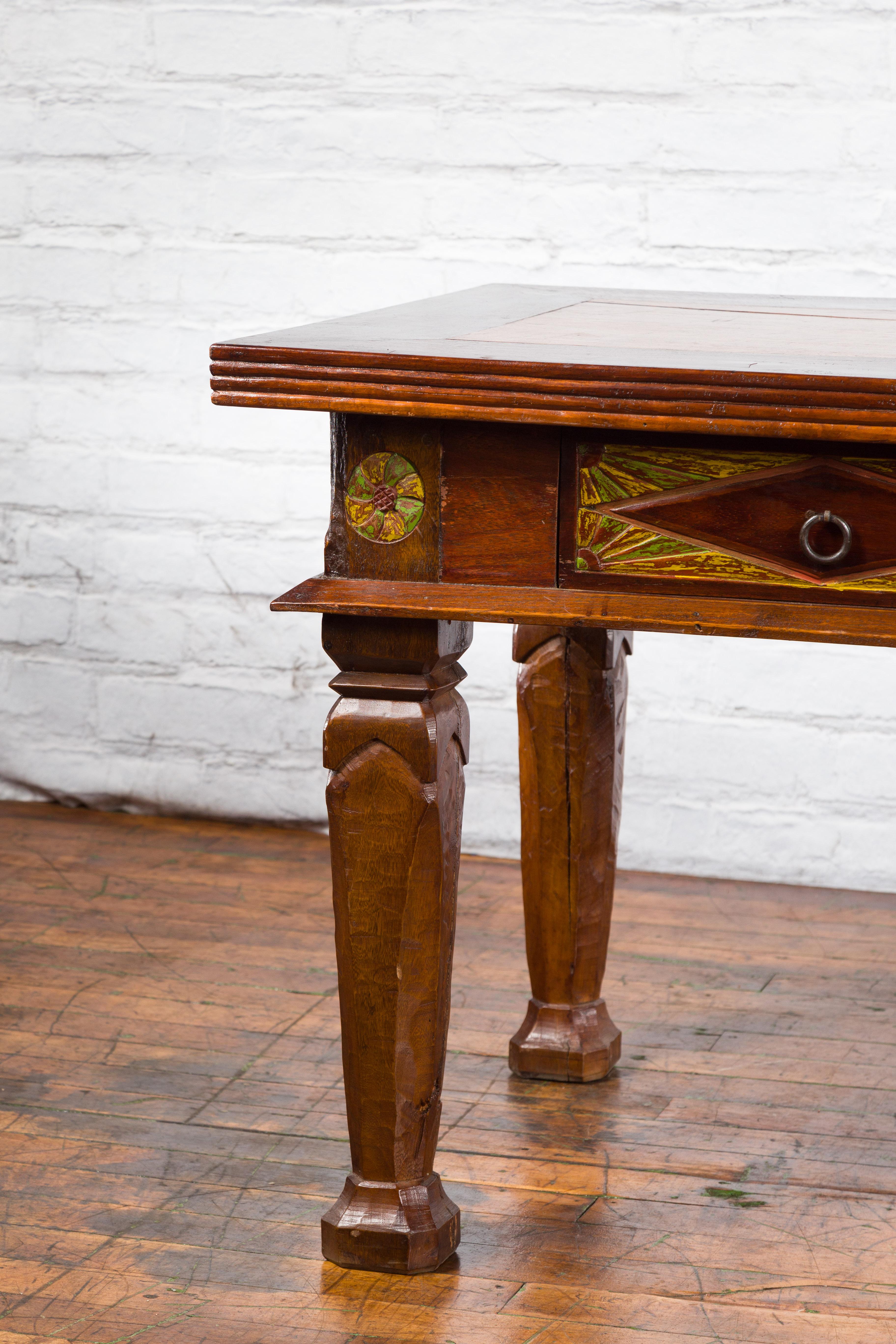 Large Vintage Javanese Dutch Colonial Teak Desk with Carved Painted Drawers 2