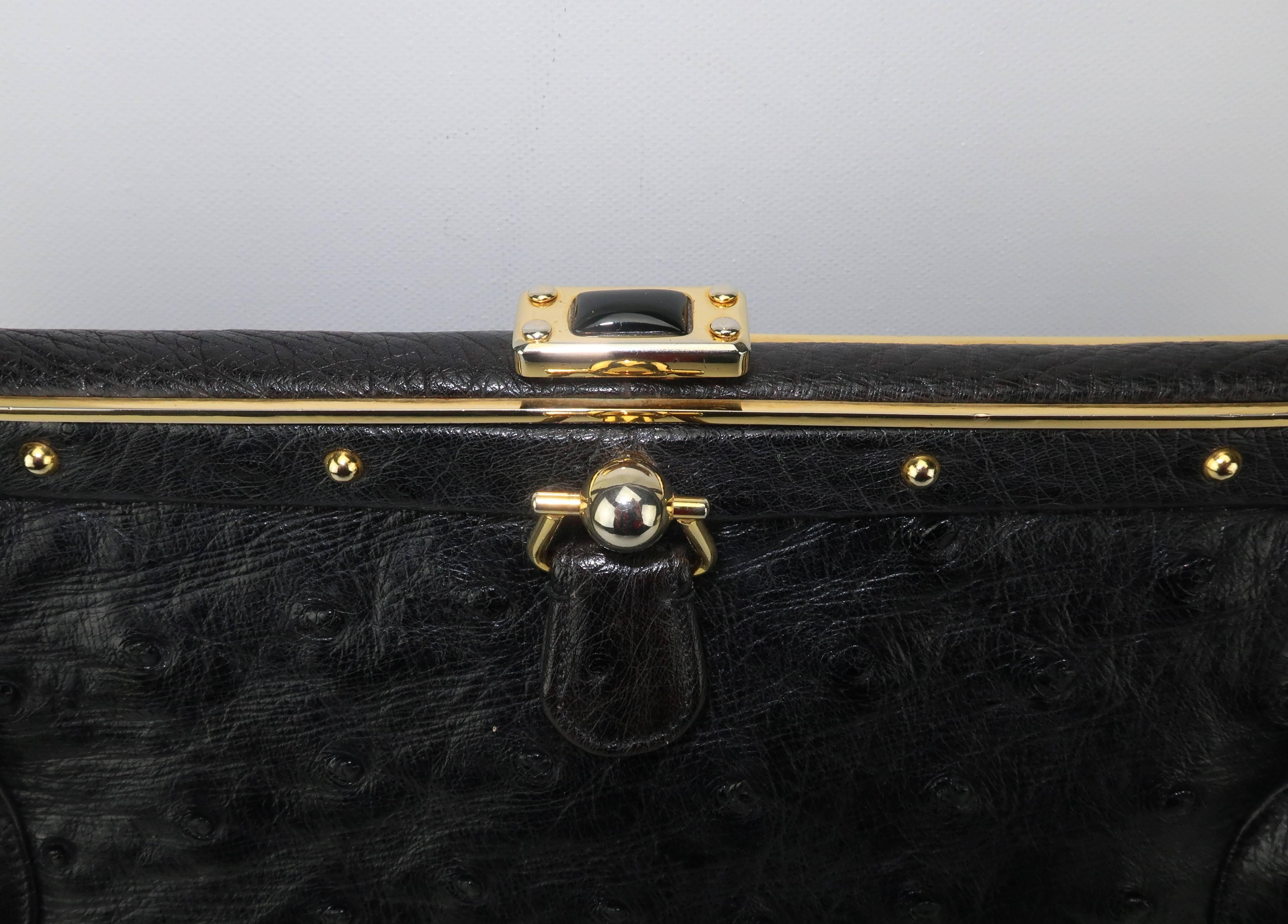 Judith Leiber Large Vintage Black Ostrich Handbag With Gold Studs In Good Condition In Atlanta, GA