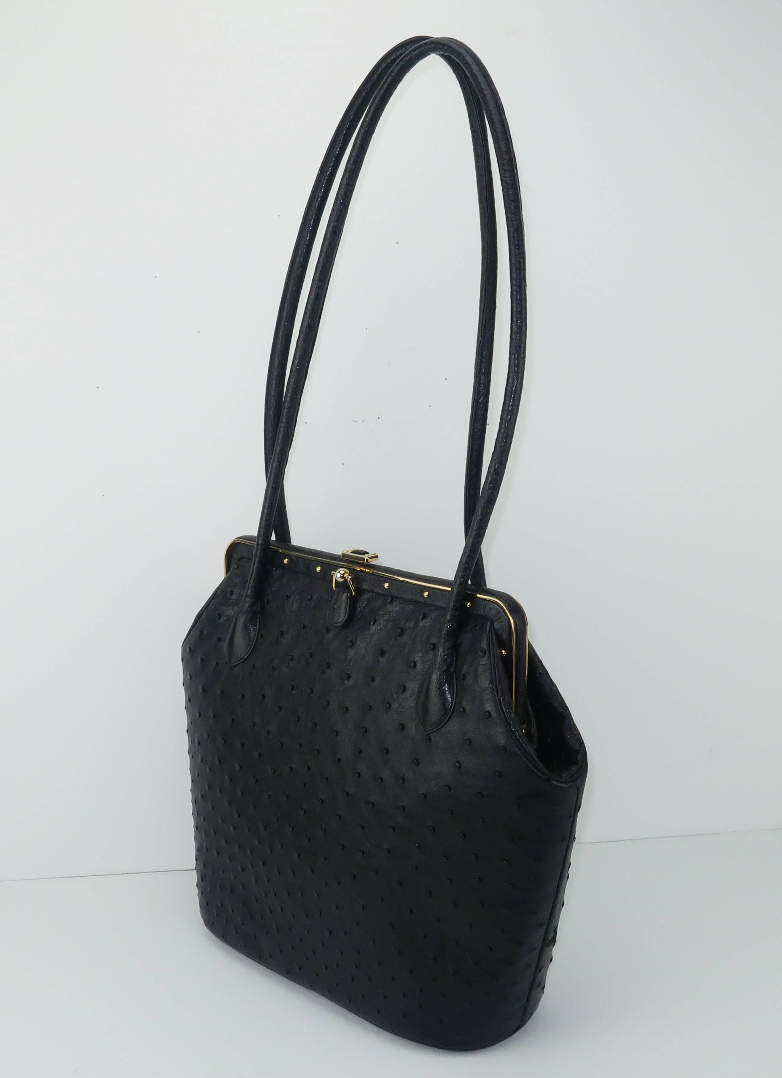 Women's Judith Leiber Large Vintage Black Ostrich Handbag With Gold Studs