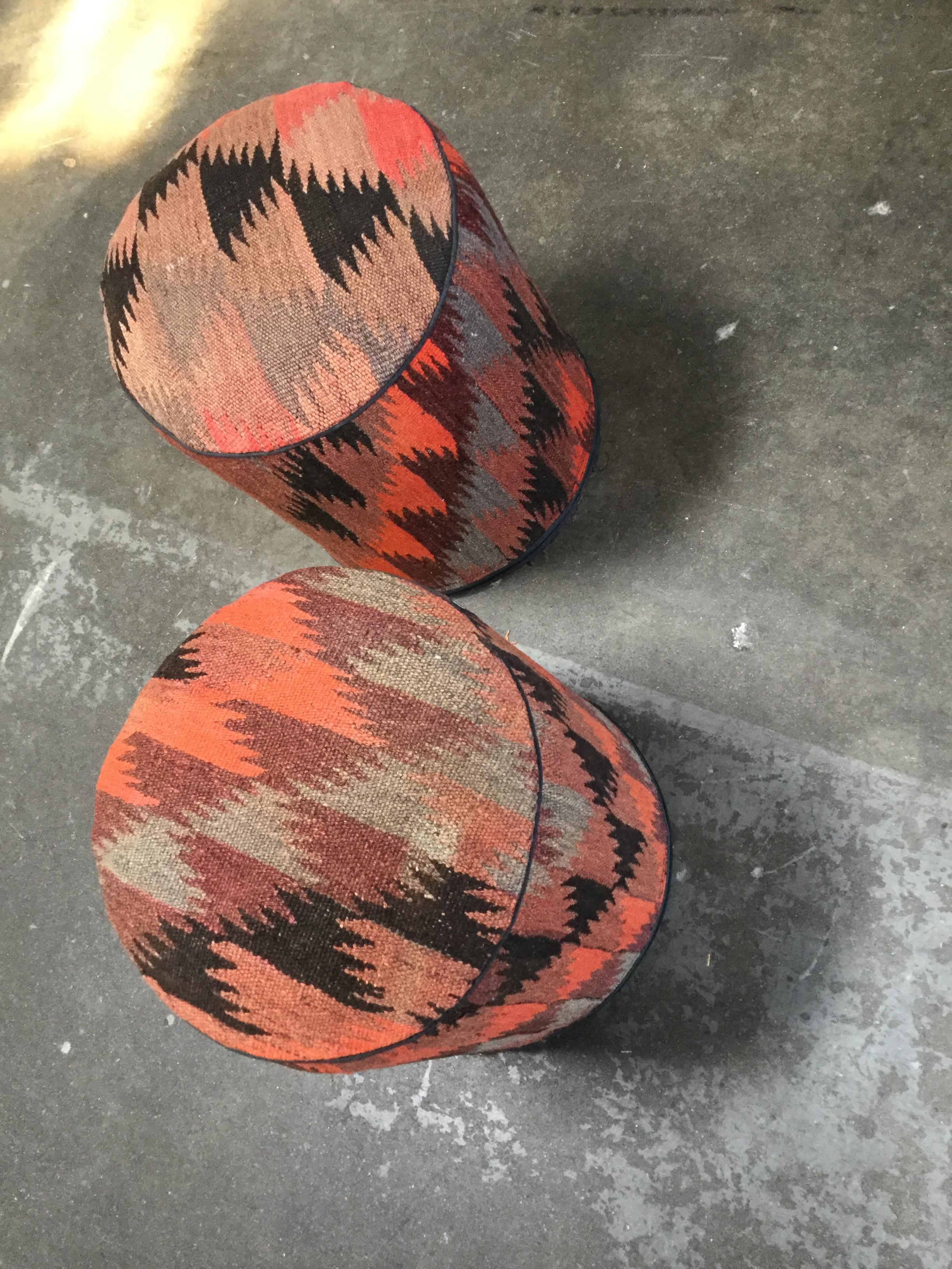 Colorful, playful and beautifully crafted, these stools are made with individual cuts of authentic Kilim fabric. Each will feature slight variations due to a handmade cut of the fabric.
